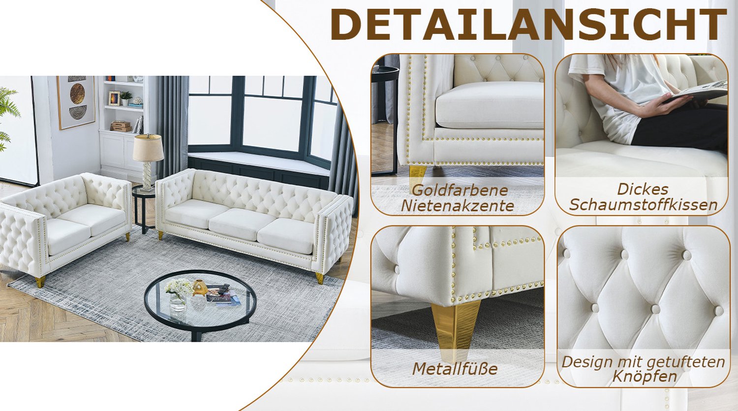 FloraGrace Chesterfield Bank - 2 Zitplaatsen met Knoopdetails - Vierkante Armleuningen - Voor Woonkamer of Kantoor - Fluweel - Beige