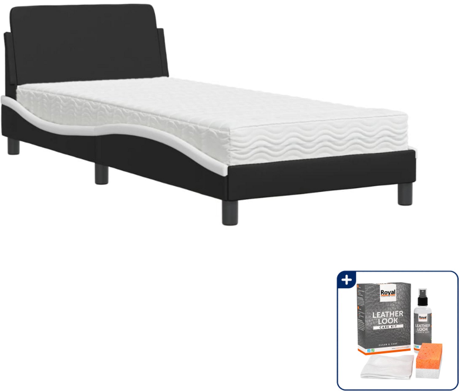 vidaXL Dover bed met matras - 90 x 200 cm - kunstleer - zwart en wit - Inclusief onderhoudsset voor kunstleer 150 ml Grijs