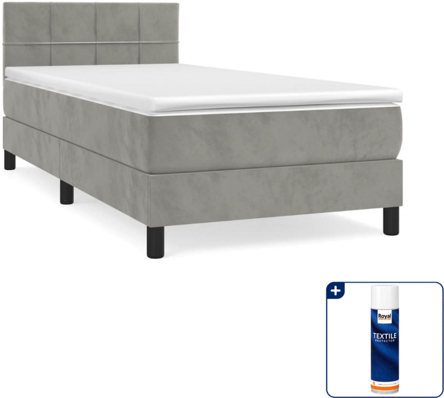 vidaXL boxspring met matras - 90 x 190 cm - fluweel - lichtgrijs - Inclusief textielbeschermer 500 ml