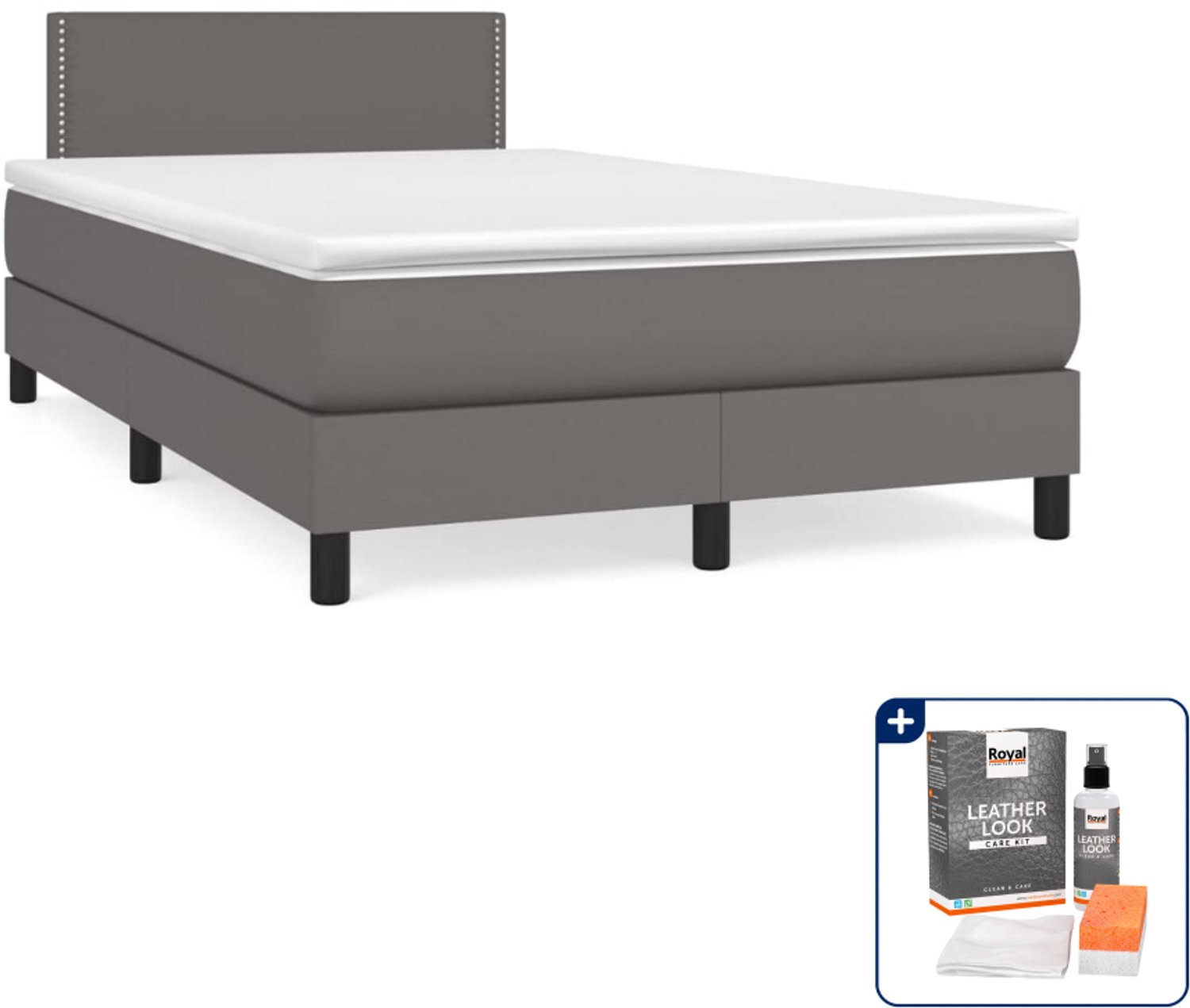 vidaXL boxspring met matras 120 x 200 cm - kunstleer - grijs - Inclusief onderhoudsset voor kunstleer 150 ml