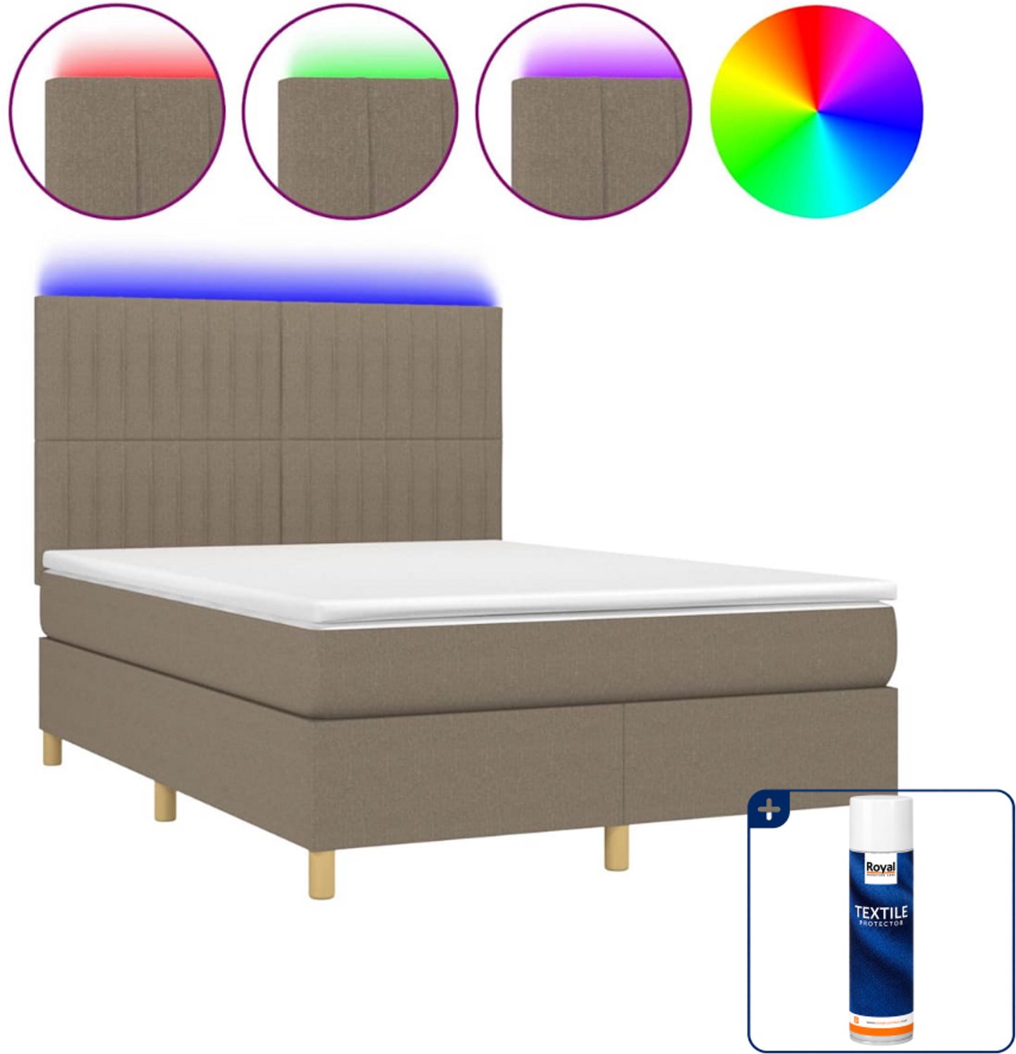 vidaXL boxspring met matras en LED - 140 x 190 cm - taupe - Inclusief textielbeschermer 500 ml