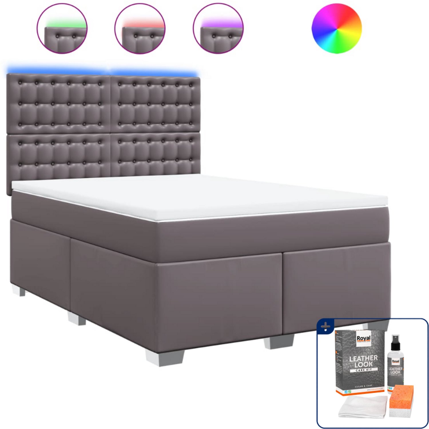 vidaXL Boxspring met matras - 140 x 190 cm - kunstleer - grijs - Inclusief onderhoudsset voor kunstleer 150 ml