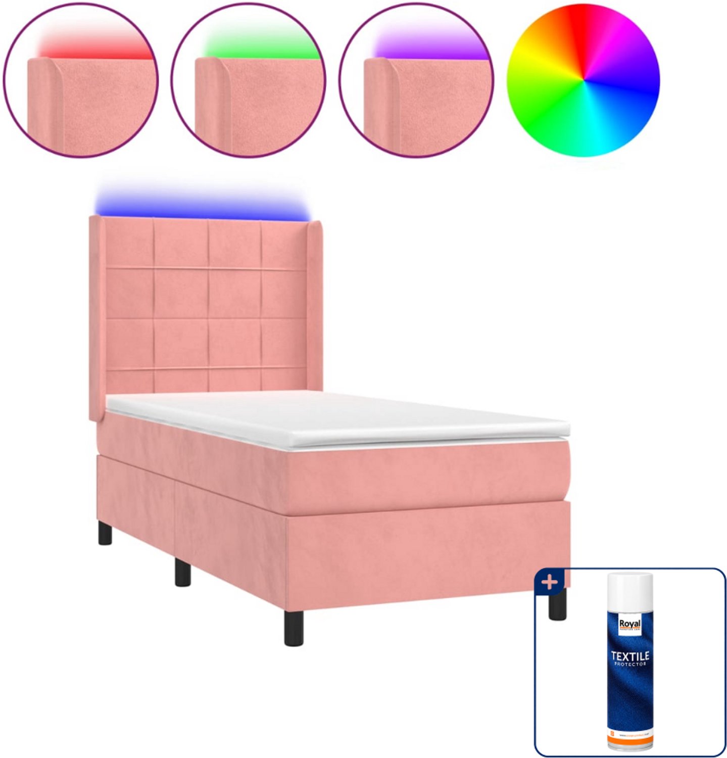 vidaXL boxspring met matras en LED - 90 x 190 cm - fluweel - roze - Inclusief textielbeschermer 500 ml