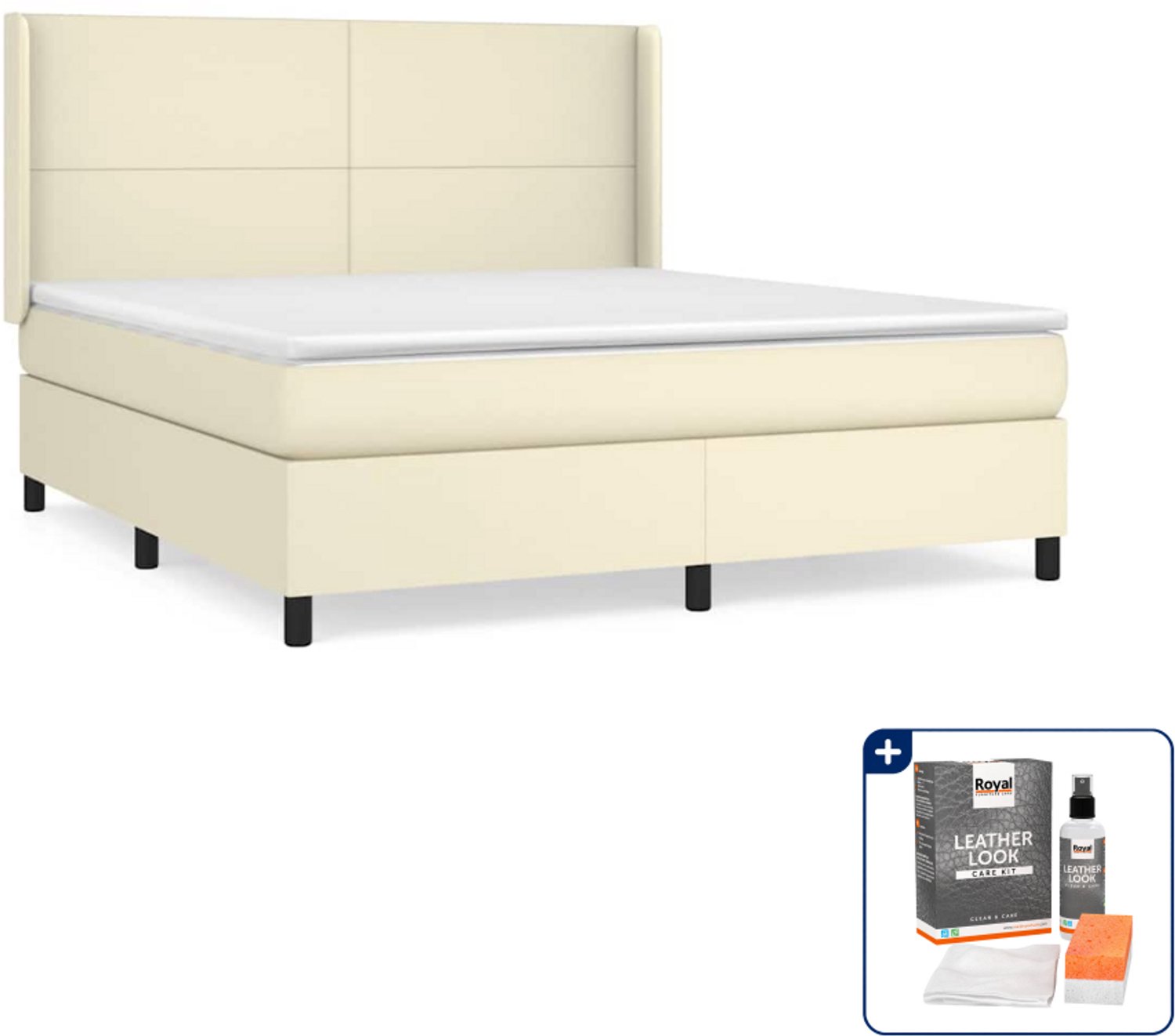 vidaXL Queensize boxspring met matras - 160 x 200 cm - crème - Inclusief onderhoudsset voor kunstleer 150 ml