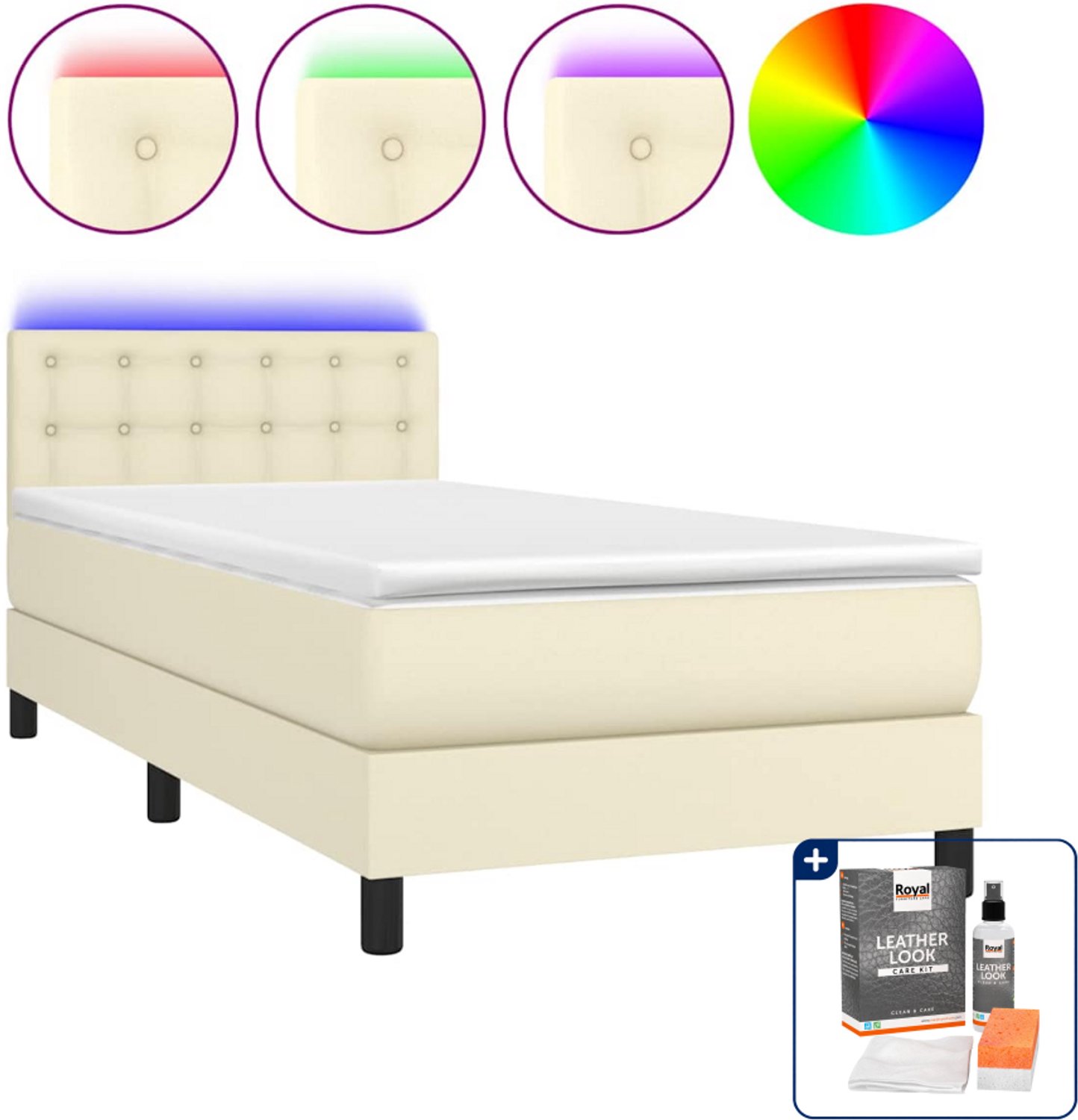 vidaXL boxspring met matras en LED - 90 x 200 cm - kunstleer - crème - Inclusief onderhoudsset voor kunstleer 150 ml