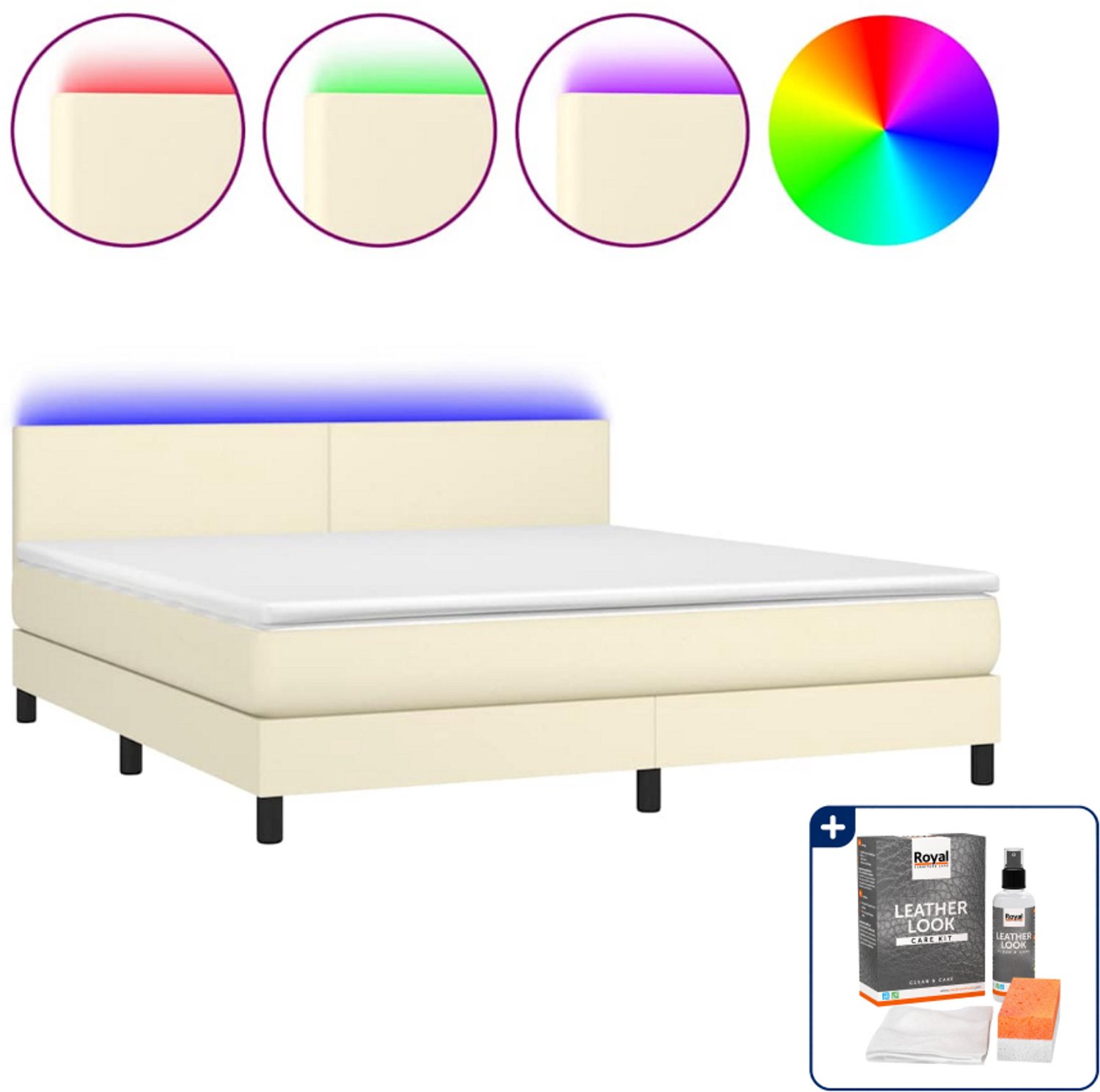 vidaXL Boxspring Kingsize - 180 x 200 cm - kunstleer - crème - Inclusief onderhoudsset voor kunstleer 150 ml