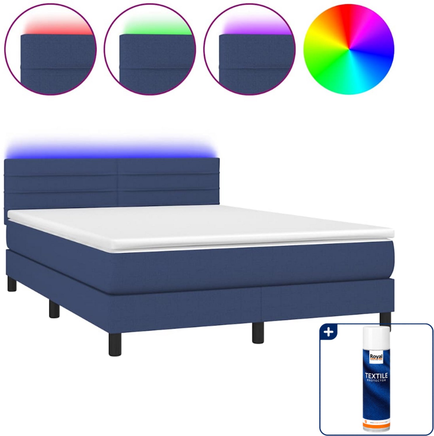 vidaXL boxspring met matras en LED - 140 x 190 cm - blauw - Inclusief textielbeschermer 500 ml
