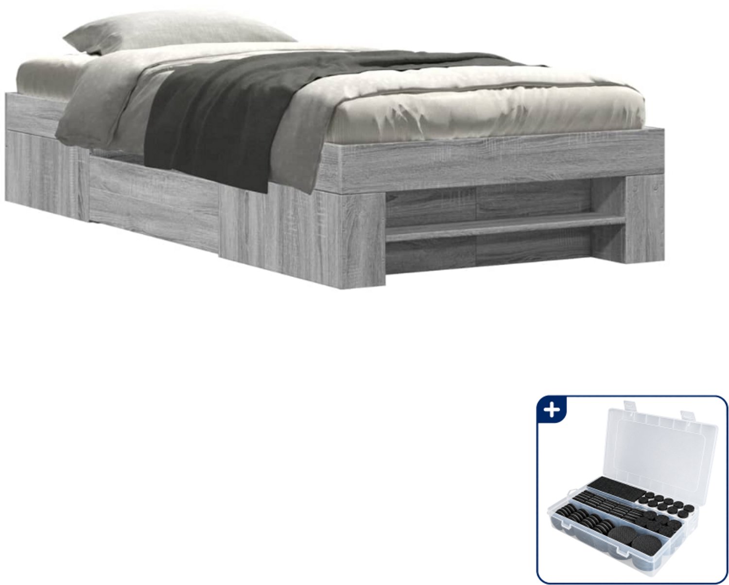 vidaXL Bedframe - 90 x 200 cm - bewerkt hout - grijs sonoma - Inclusief antikrasvilt 177-delig Bruin