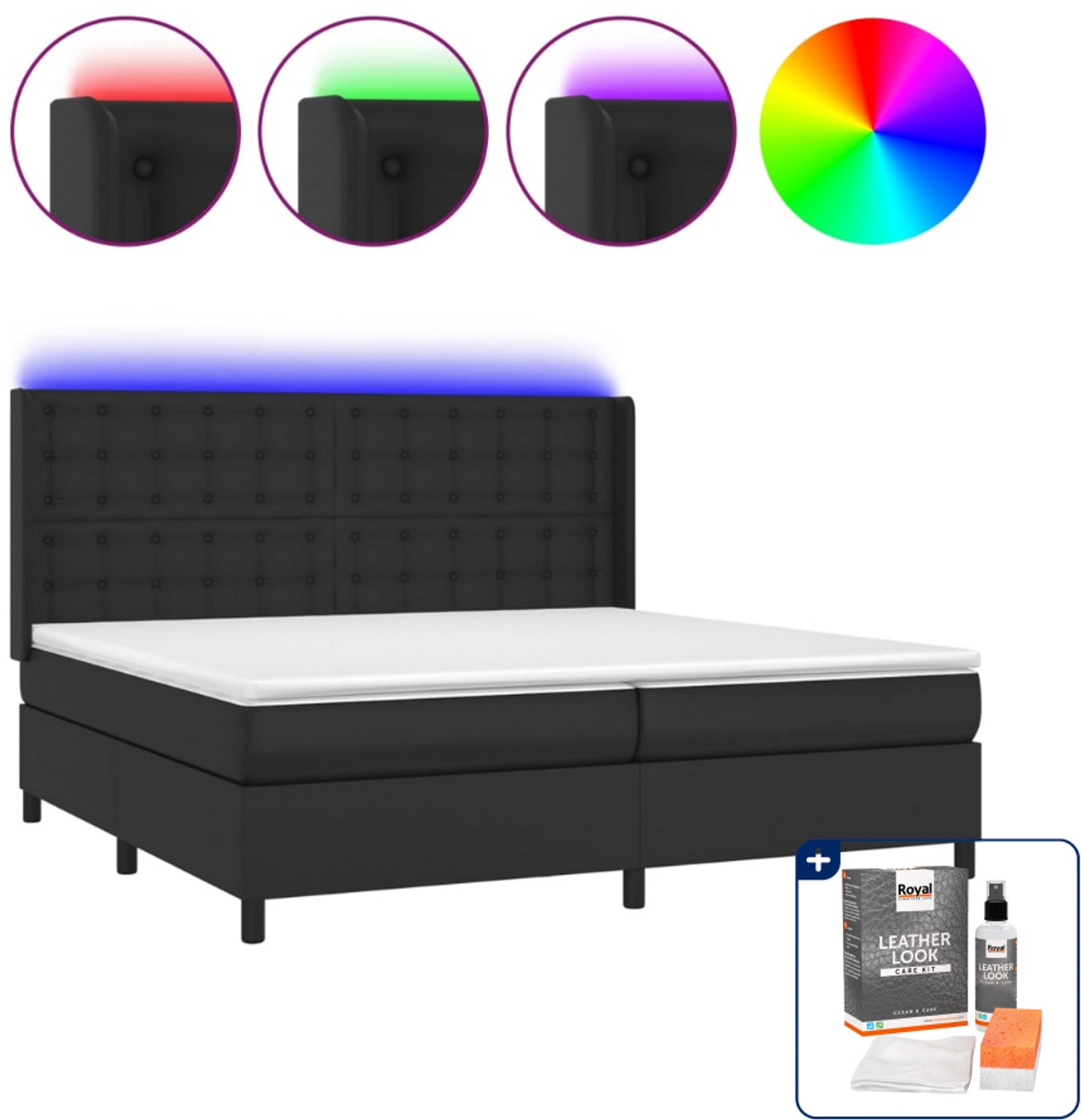 vidaXL Boxspring met matras en LED - Super kingsize - zwart - Inclusief onderhoudsset voor kunstleer 150 ml