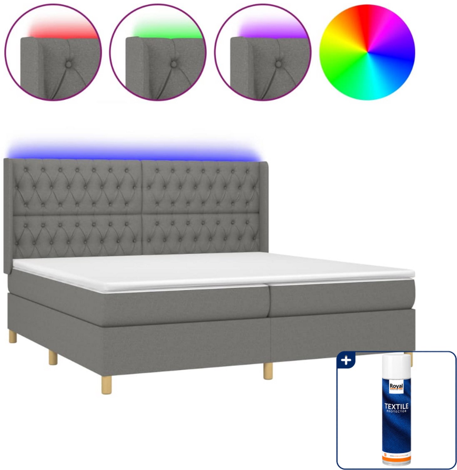 vidaXL boxspring met matras en LED - Super kingsize - donkergrijs - Inclusief textielbeschermer 500 ml