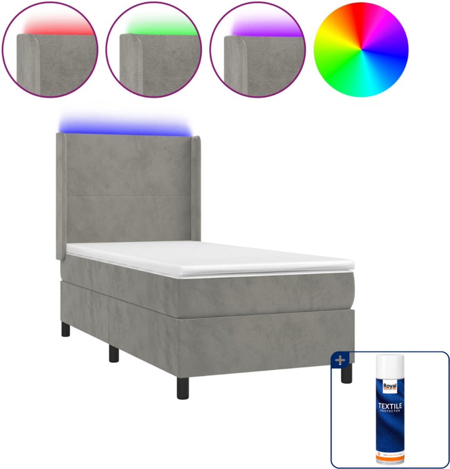vidaXL boxspring met matras en led - 100 x 200 cm - fluweel - lichtgrijs - Inclusief textielbeschermer 500 ml
