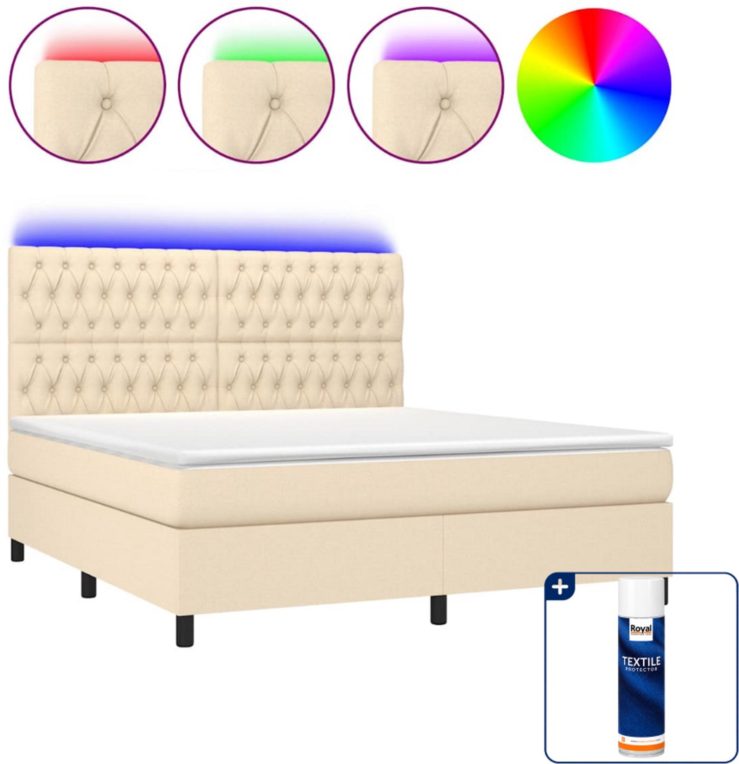 vidaXL Queensize boxspring met matras en LED - 160 x 200 cm - crème - Inclusief textielbeschermer 500 ml