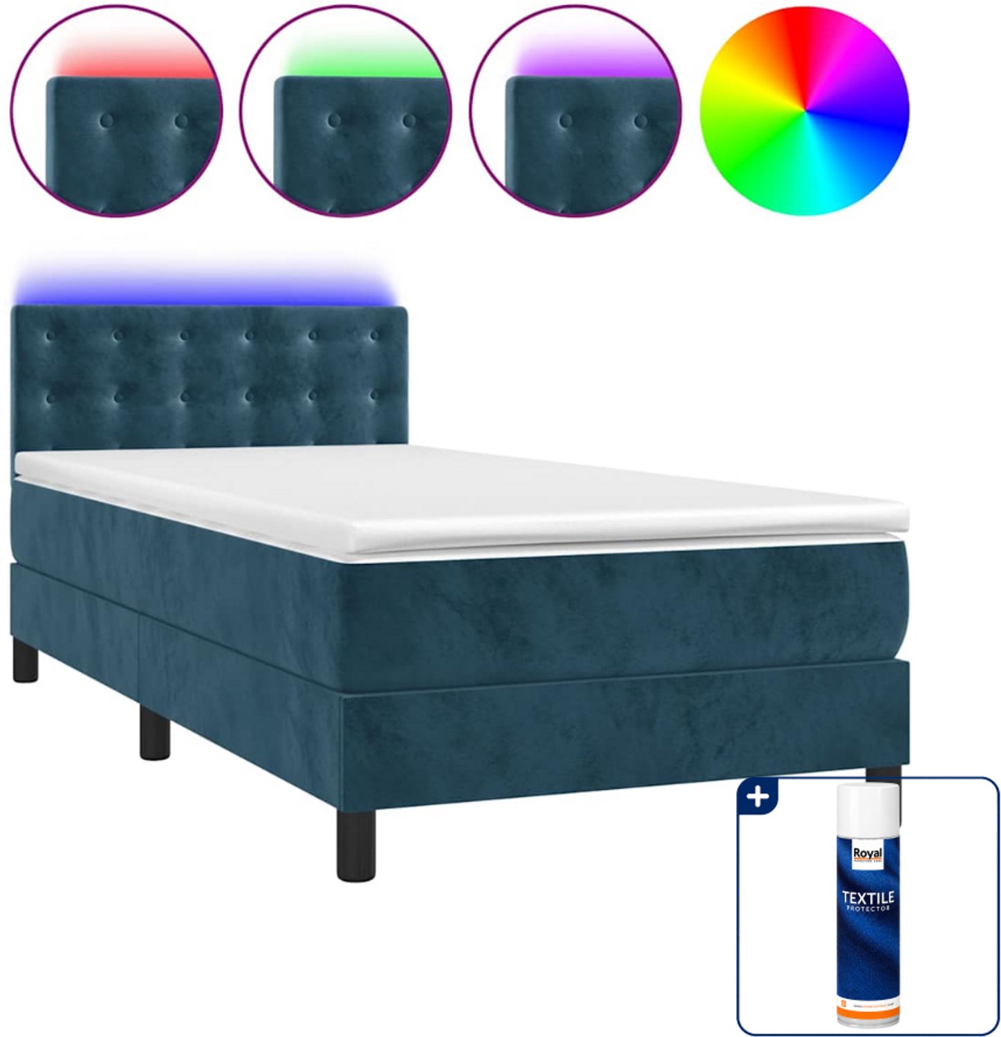 vidaXL Boxspring met matras en LED - 90 x 190 cm - fluweel - donkerblauw - Inclusief textielbeschermer 500 ml