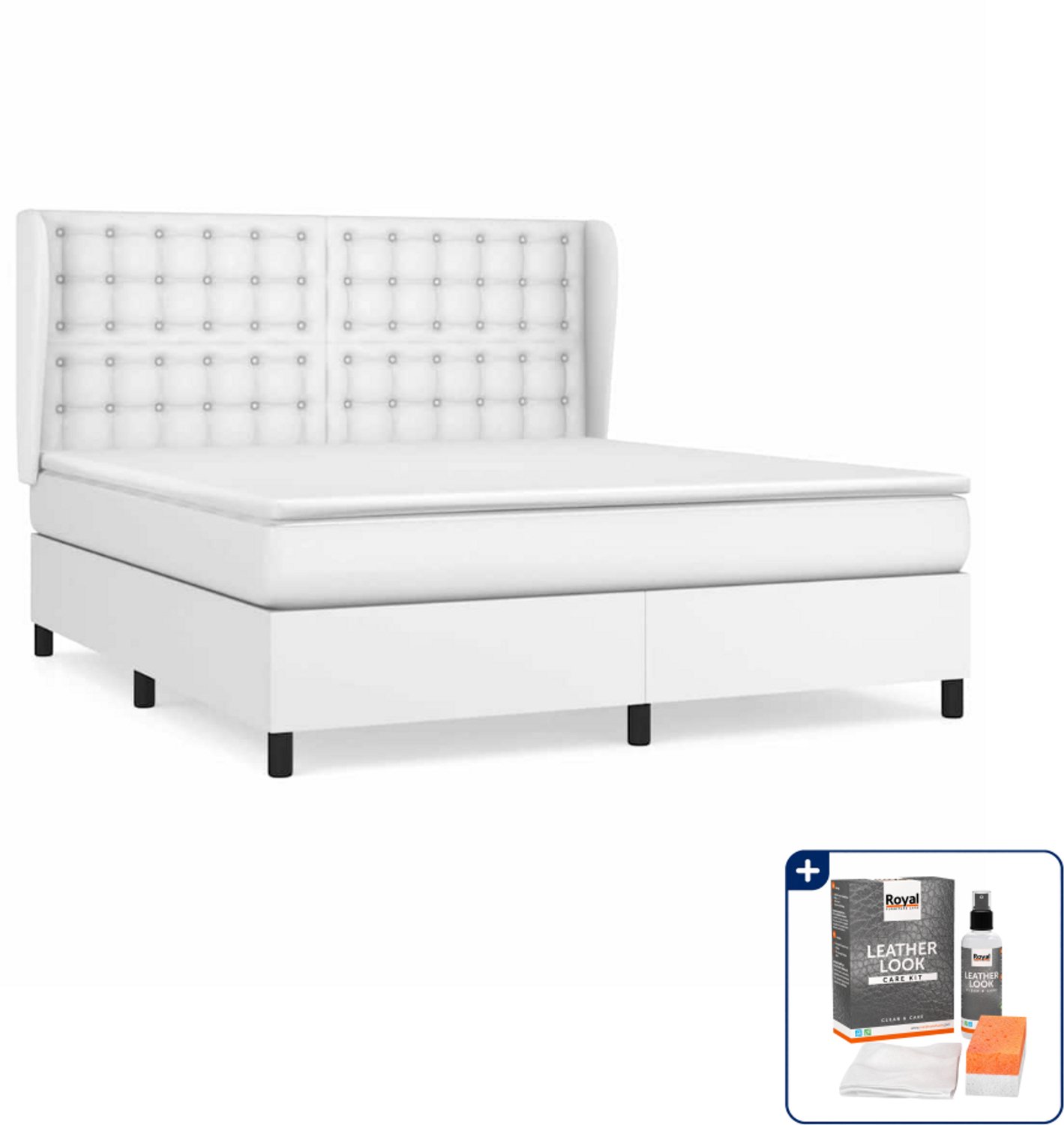 vidaXL boxspring met matras Kingsize - 180 x 200 cm - wit - Inclusief onderhoudsset voor kunstleer 150 ml