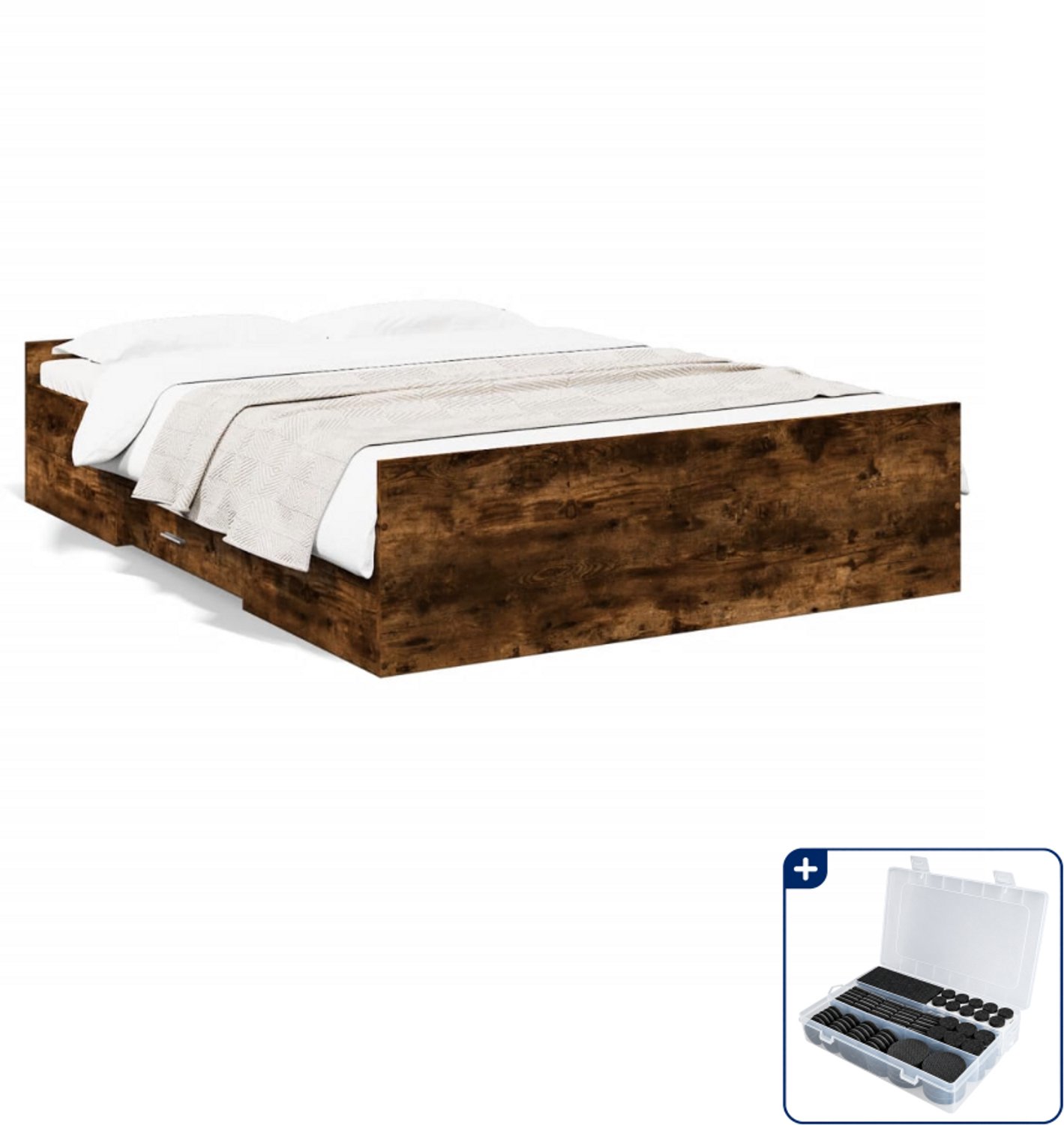 vidaXL bedframe met lades - 135 x 190 cm - bewerkt hout - gerookt eiken - Inclusief antikrasvilt 177-delig Bruin