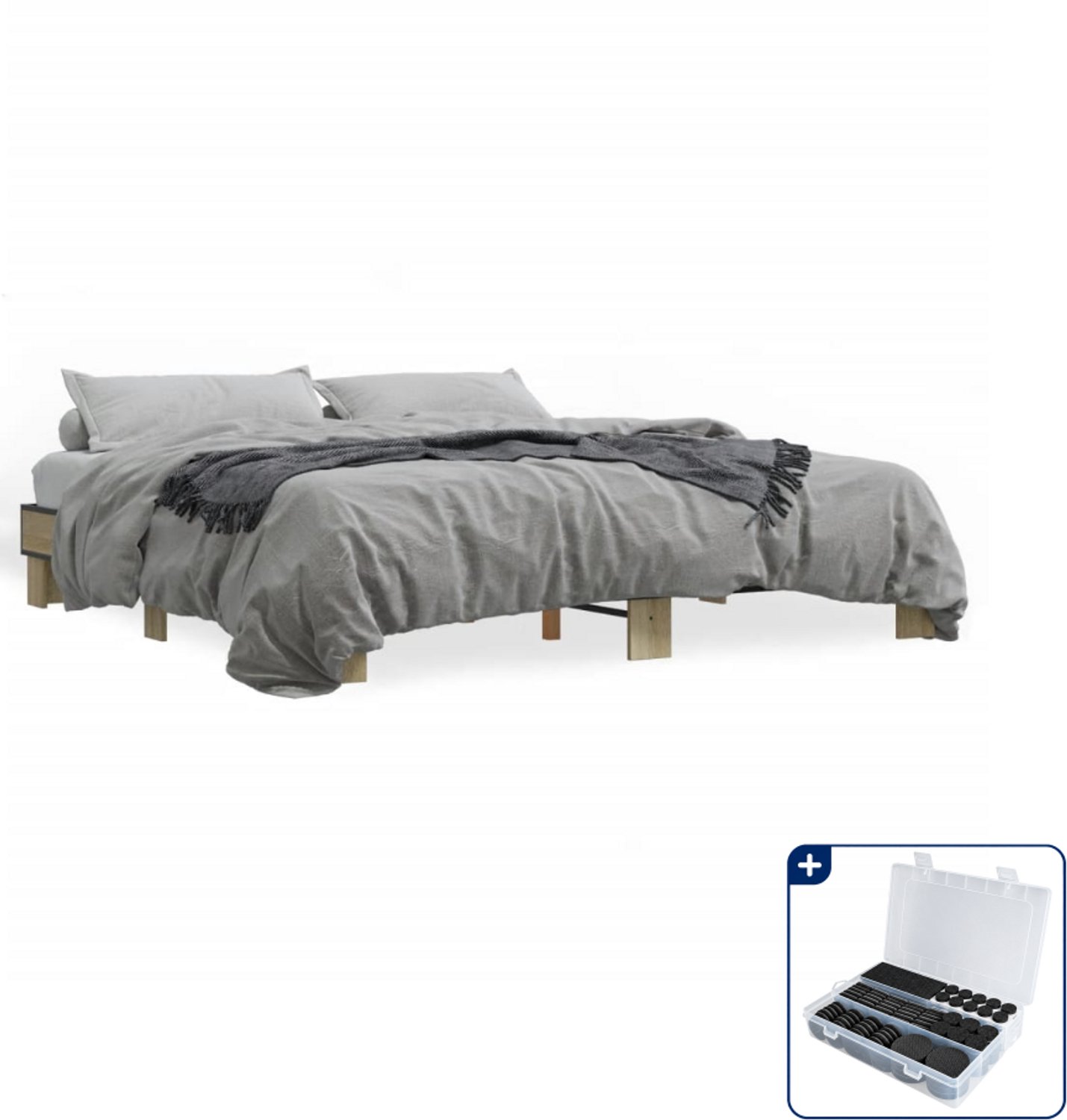 vidaXL Bedframe Queensize - 160 x 200 cm - sonoma eiken - Inclusief antikrasvilt 177-delig Grijs