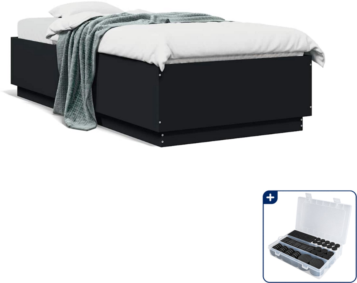 vidaXL bedframe 100 x 200 cm - bewerkt hout - zwart - Inclusief antikrasvilt 177-delig Blauw