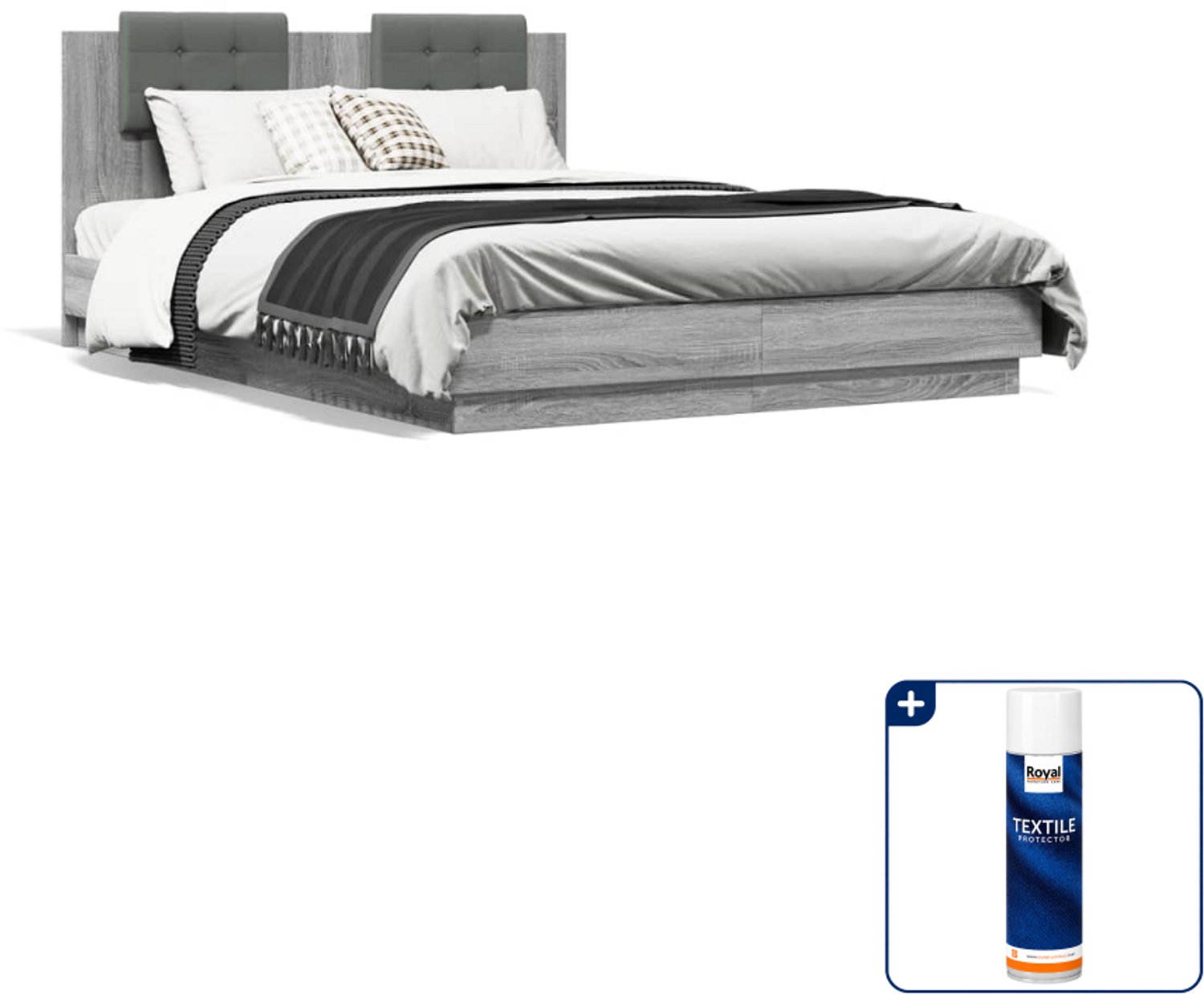 vidaXL bedframe met hoofdeinde - 120 x 200 cm - grijs sonoma - Inclusief textielbeschermer 500 ml Zwart