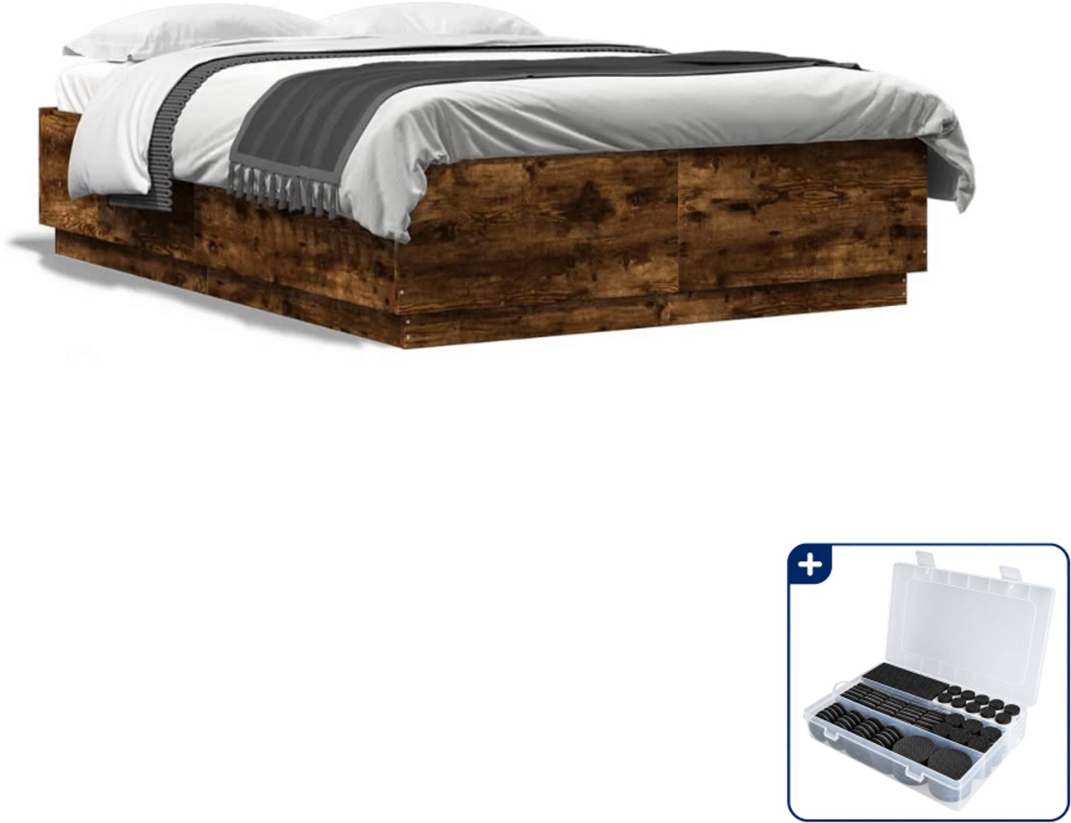 vidaXL bedframe - 120 x 200 cm - bewerkt hout - gerookt eiken - Inclusief antikrasvilt 177-delig Grijs