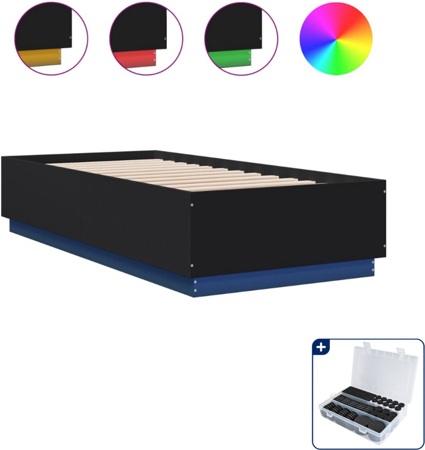 vidaXL bedframe met led - 90 x 200 cm - bewerkt hout - zwart - Inclusief antikrasvilt 177-delig