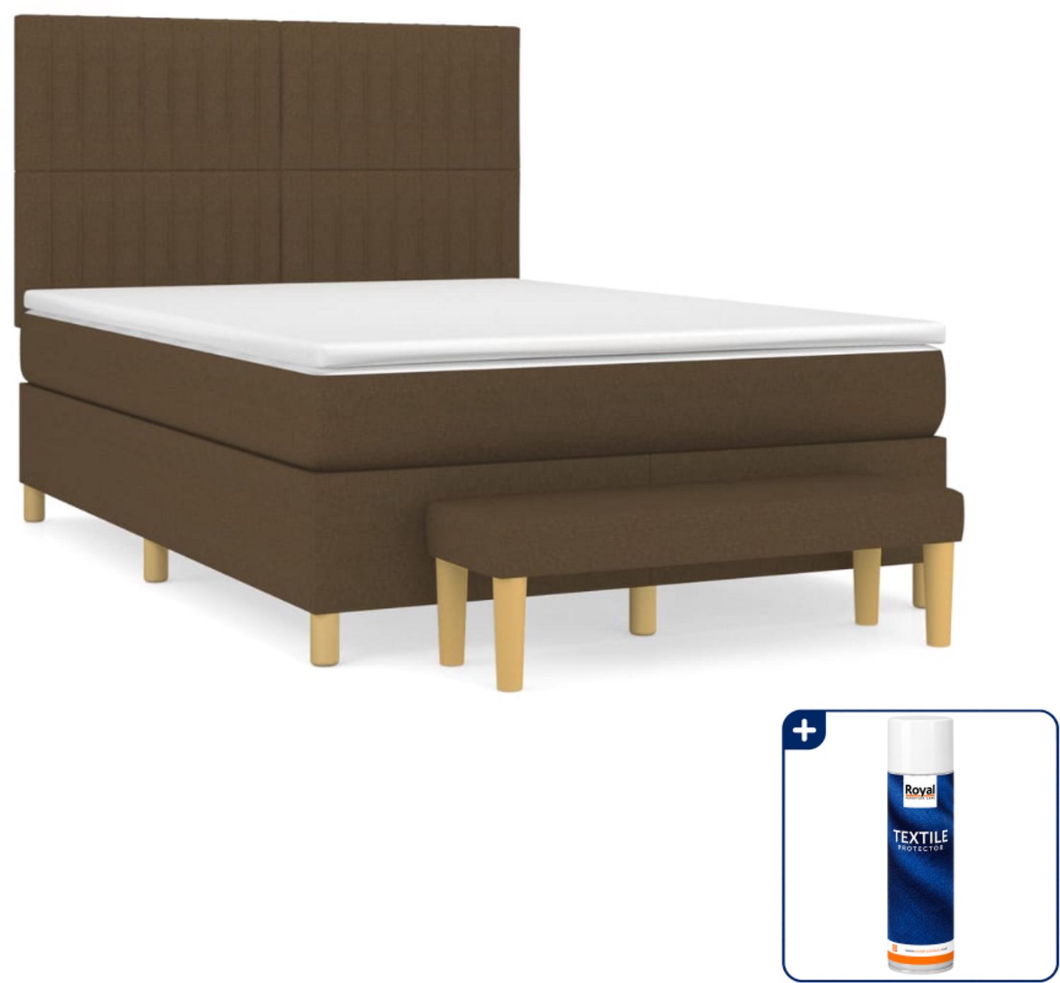 vidaXL boxspring met matras en bankje - 140 x 190 cm - donkerbruin - Inclusief textielbeschermer 500 ml