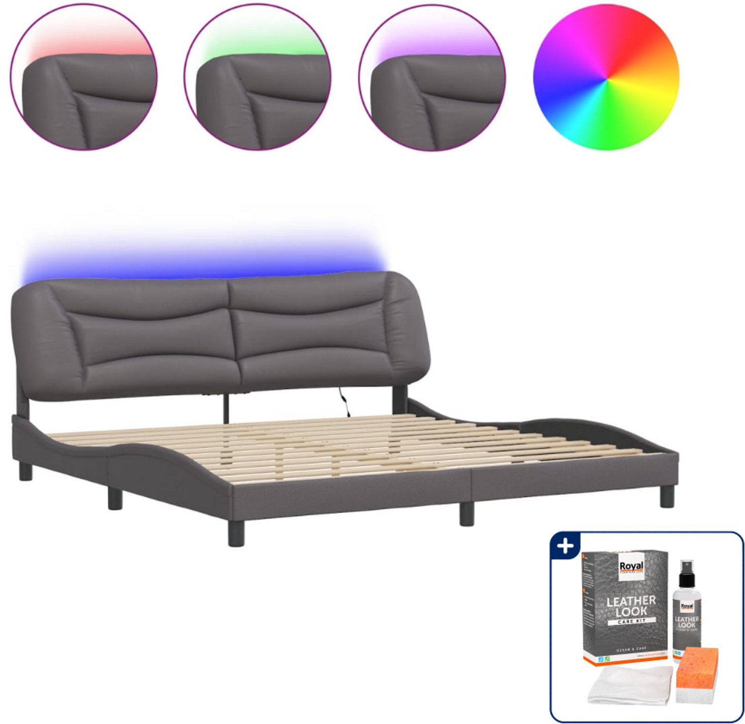 vidaXL Hvar bedframe met LED - 200 x 200 cm - kunstleer - grijs - Inclusief onderhoudsset voor kunstleer 150 ml