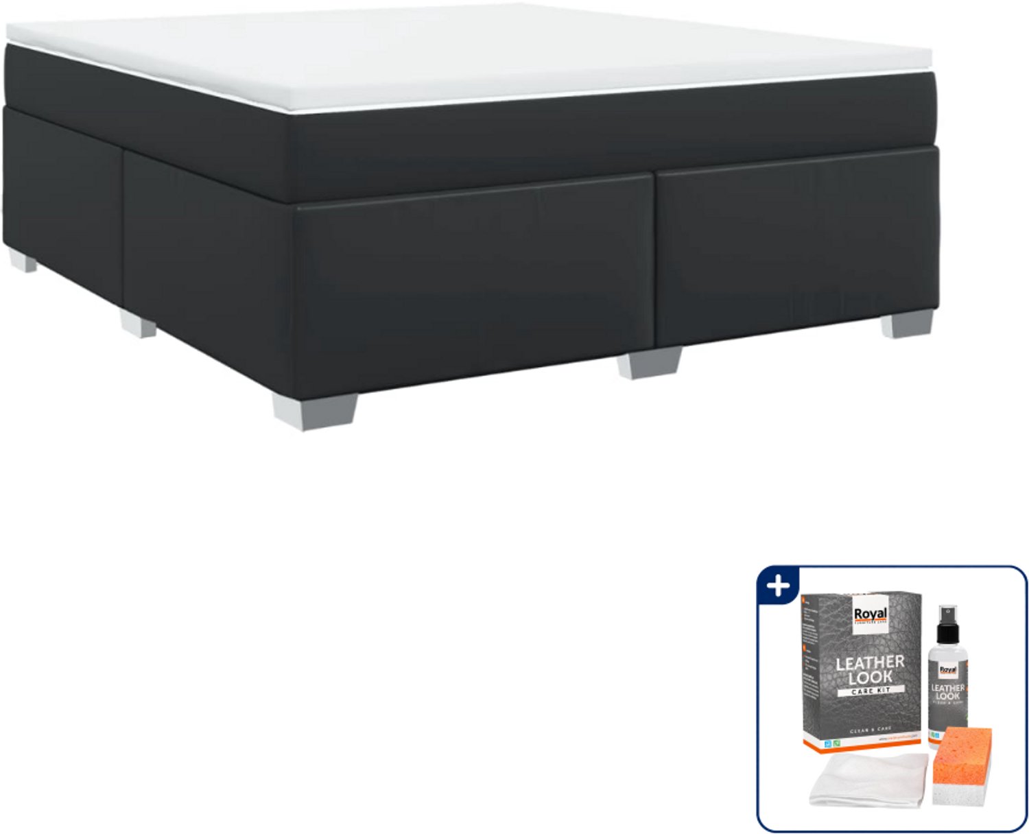 vidaXL Kingsize boxspring met matras - 180 x 200 cm - zwart - Inclusief onderhoudsset voor kunstleer 150 ml