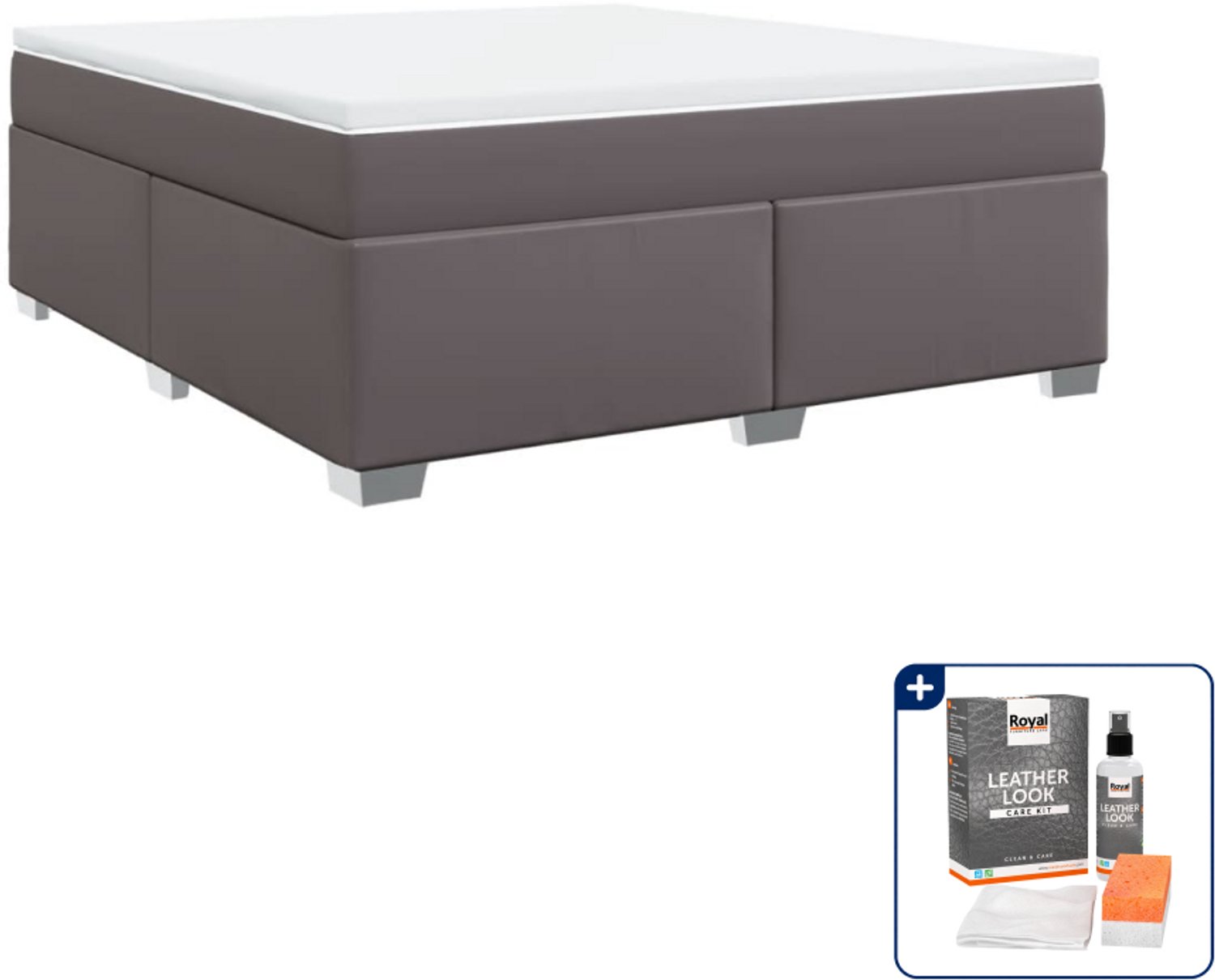 vidaXL Kingsize boxspring met matras - 180x200 cm - kunstleer - grijs - Inclusief onderhoudsset voor kunstleer 150 ml