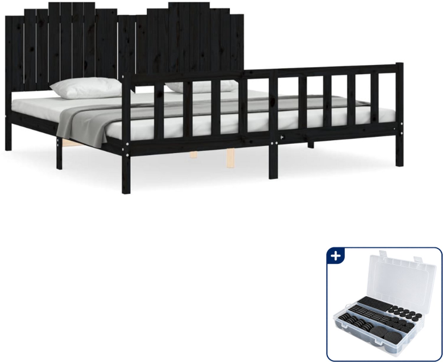 vidaXL bedframe met hoofdbord - 200 x 200 cm - massief grenenhout - zwart - Inclusief antikrasvilt 177-delig
