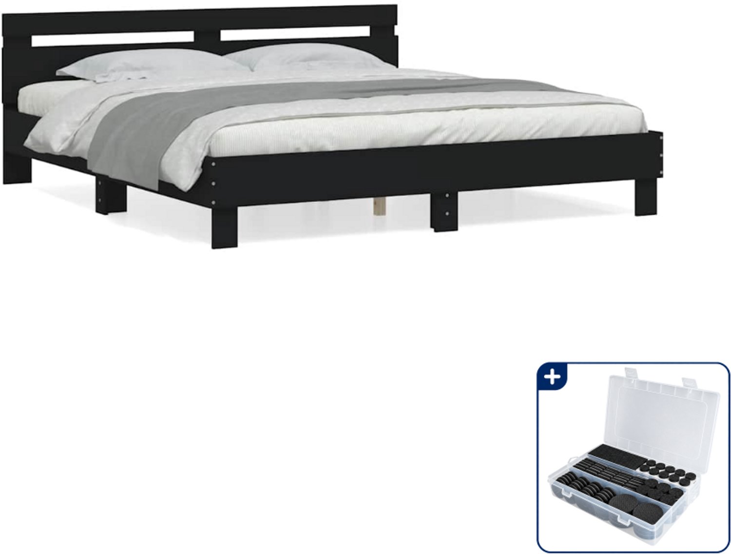 vidaXL bedframe - 200 x 200 cm - bewerkt hout - zwart - Inclusief antikrasvilt 177-delig Grijs
