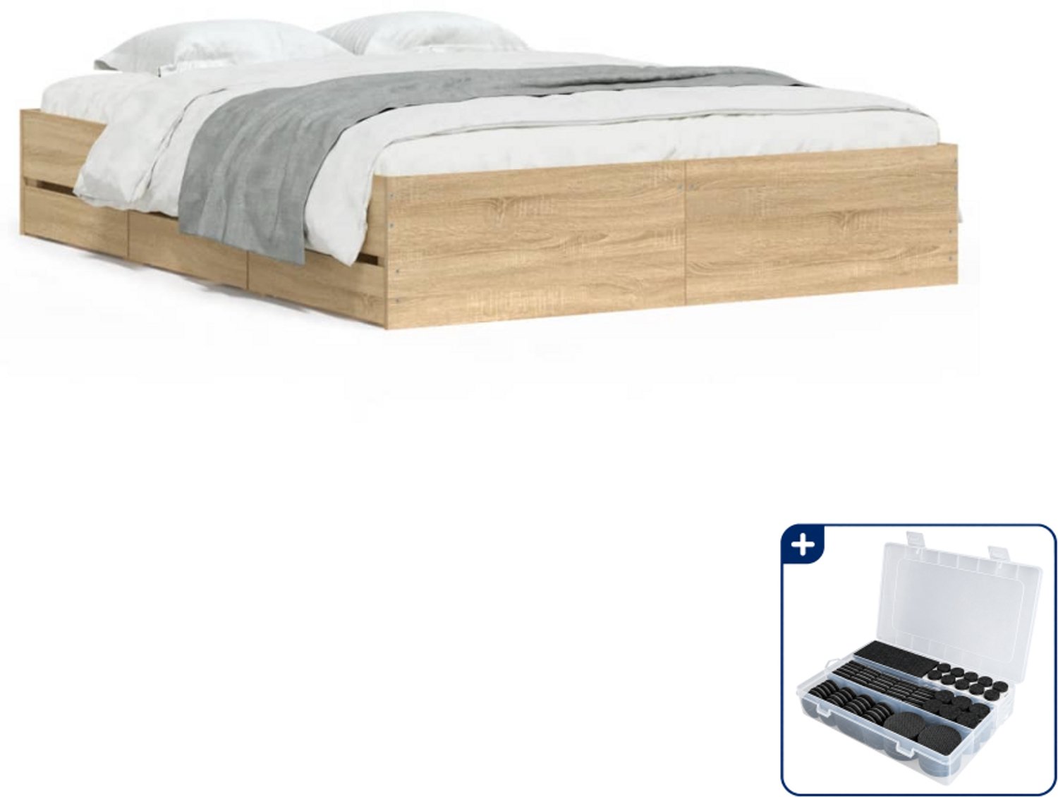 vidaXL Bedframe Small double 140 x 200 cm - bewerkt hout - sonoma eiken - Inclusief antikrasvilt 177-delig Grijs