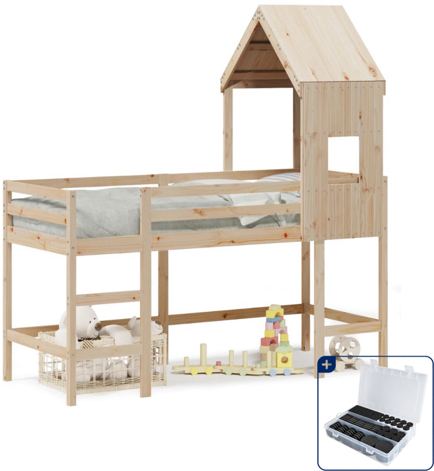 vidaXL halfhoogslaper met ladder en bedhuis - 80 x 200 cm - grenenhout - Inclusief antikrasvilt 177-delig Bruin