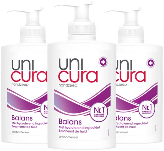 Drie witte pompflesjes Unicura Balans handzeep met paarse accenten en tekst over hydraterende antibacteriële werking.