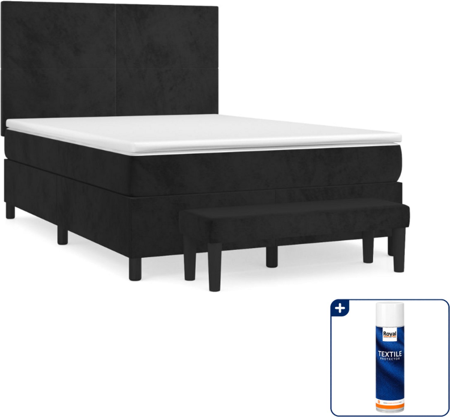 vidaXL Boxspring met matras en bankje - 140 x 190 cm - zwart - Inclusief textielbeschermer 500 ml