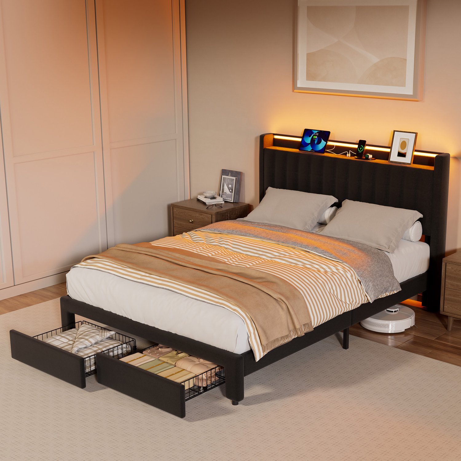 KUTAS 2 Persoons Bed 140x200 cm - Tweepersoonsbed - Met Opberglades en Hoofdbord - Lattenbodem - Draagkracht 500 kg - USB-A & USB-C Oplaadpoorten - LED-verlichting - Geluidsarm & Antislip - Zwart