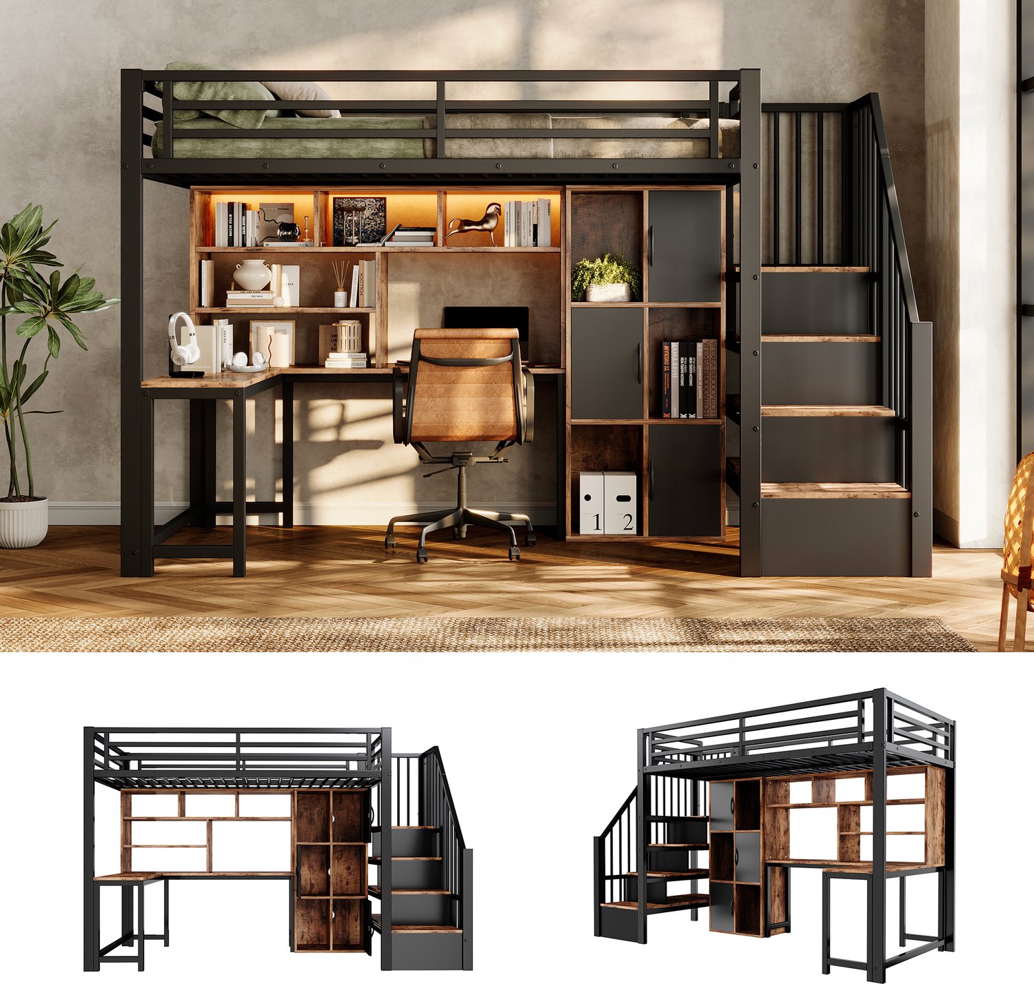 Zubaliya Hoogslaper - 90 x 200 cm - Zwart - MDF, metaal - LED-verlichting - Opbergruimte