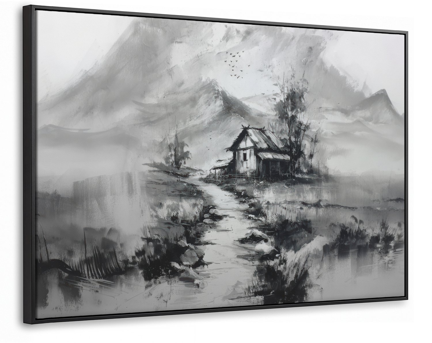 Canvas Schilderij met Baklijst 90x60cm - Hut - Grijs - Bergen - Mistig - Muurdecoratie woonkamer - Slaapkamer decoratie - Kamer accessoires - Schilderijen op canvas met lijst