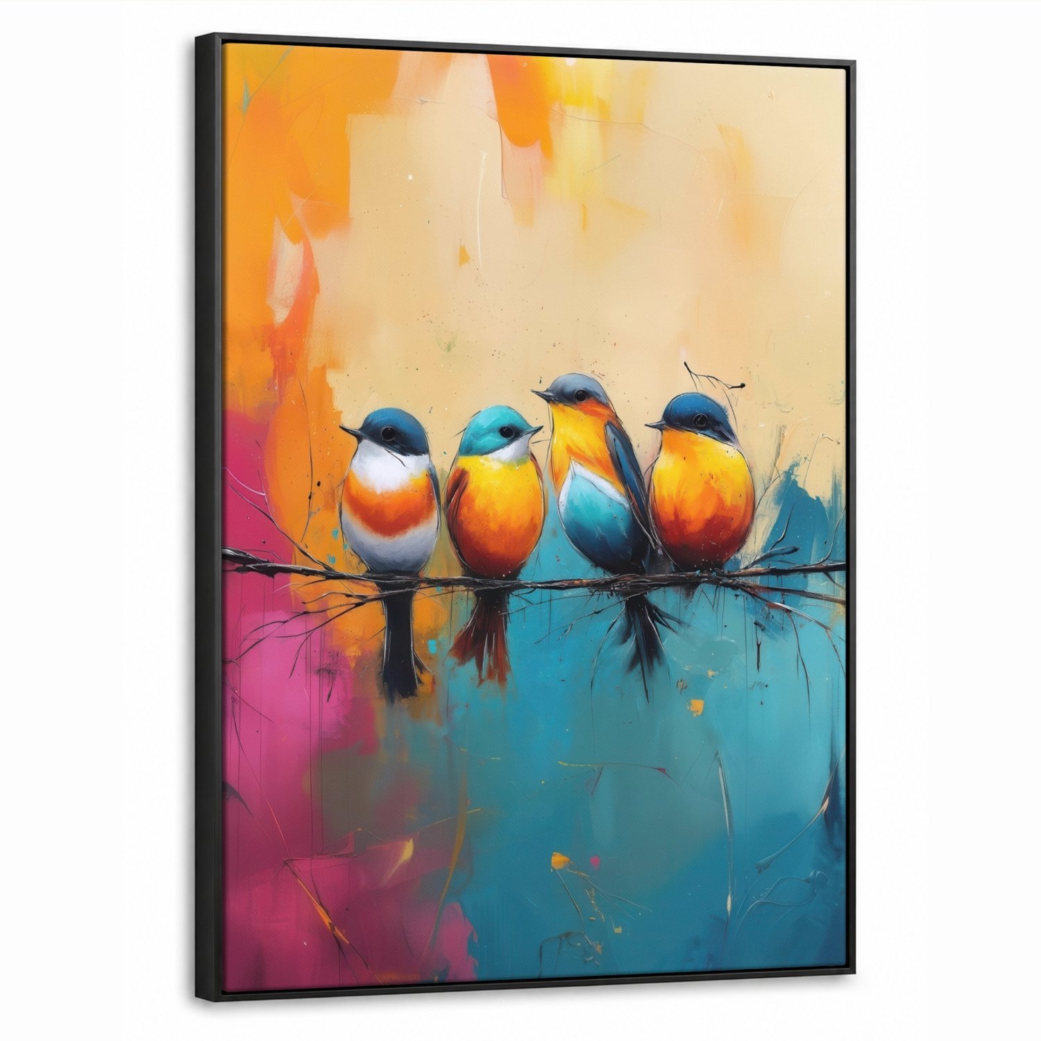 Canvas Schilderij met Baklijst 50x70cm - Vogels - Kleurrijk - Tak - Abstract - Muurdecoratie woonkamer - Slaapkamer decoratie - Kamer accessoires - Schilderijen op canvas met lijst