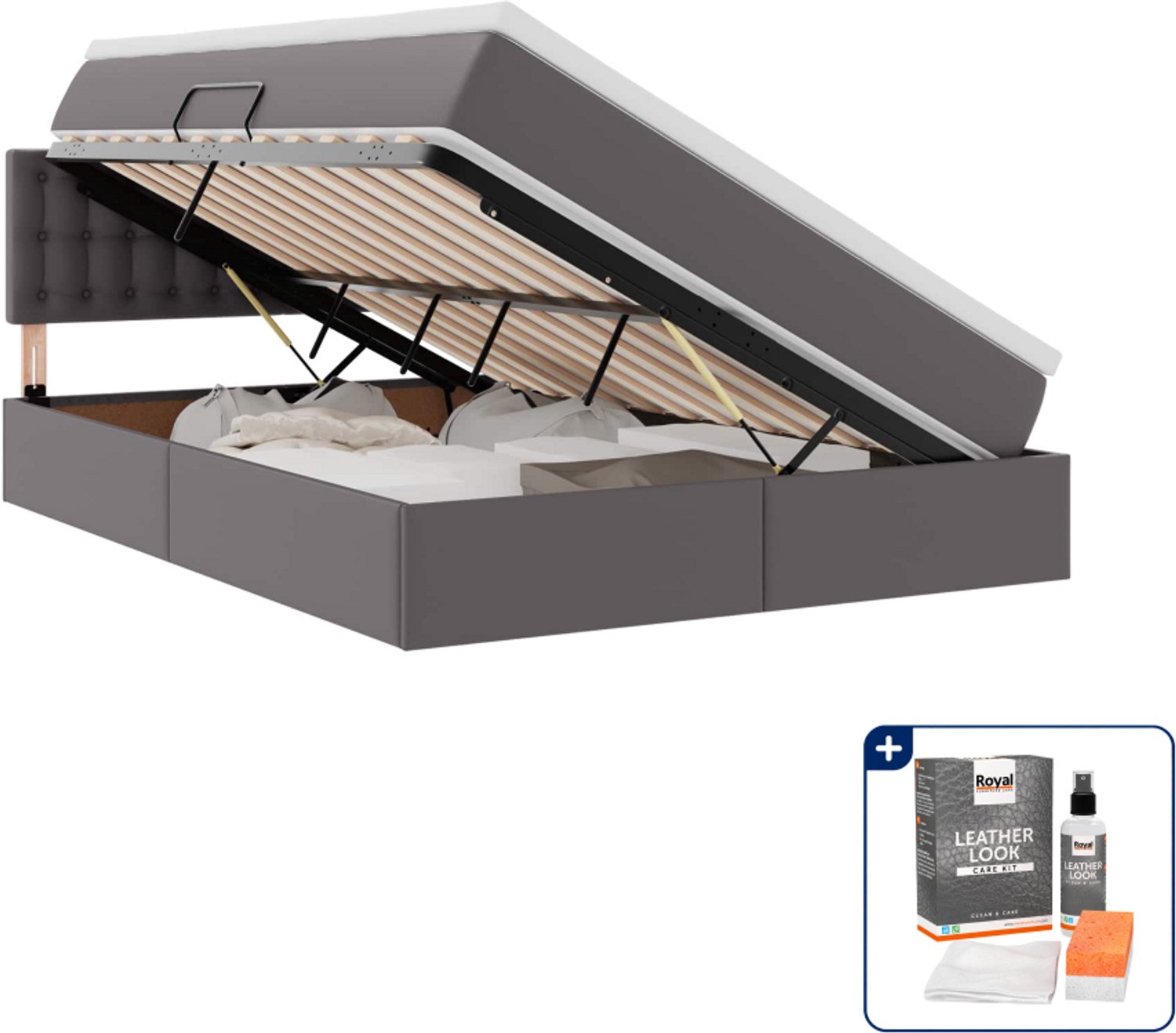 vidaXL Opbergbed met matras - Small double 140 x 200 cm - grijs - Inclusief onderhoudsset voor kunstleer 150 ml Lichtgrijs