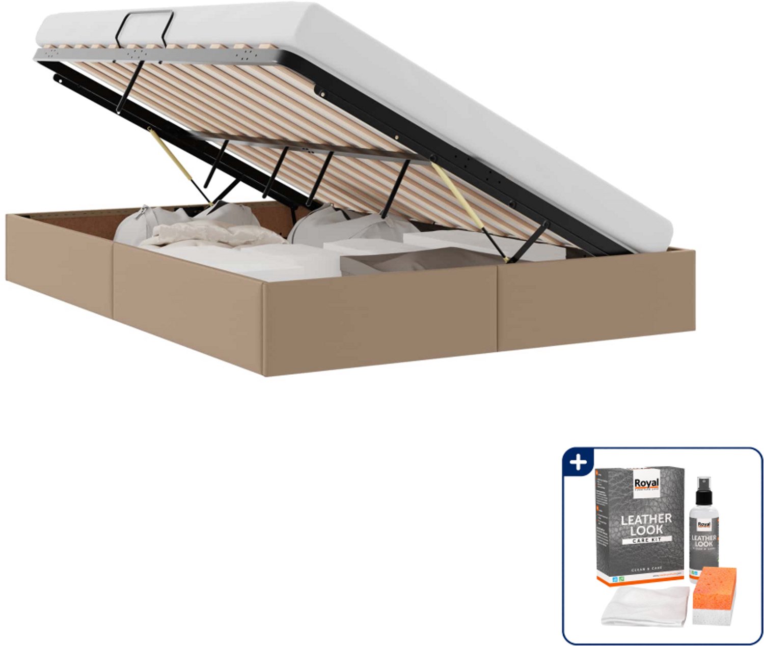 vidaXL ottoman bedframe - Small double - 140 x 200 cm - cappuccino - Inclusief onderhoudsset voor kunstleer 150 ml Bruin