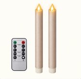 Foryouliving - LED kaarsen met bewegende vlam 2x - Taupe - Afstandsbediening - Dinerkaars rustiek wax 24.5 cm - LED kaars batterij - Timer