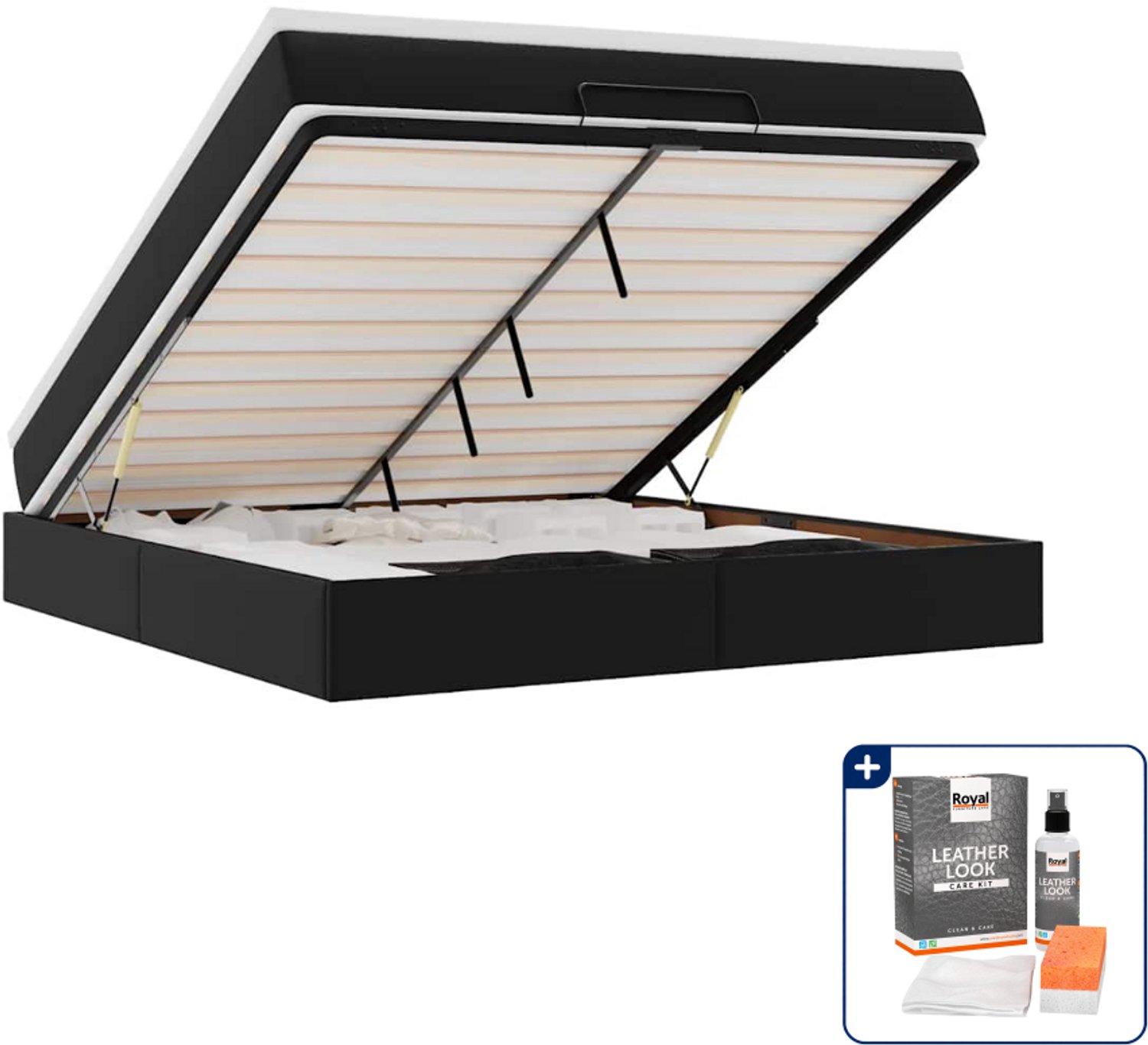 vidaXL queensize ottoman bed met matras - 160 x 200 cm - kunstleer - zwart - Inclusief onderhoudsset voor kunstleer 150 ml