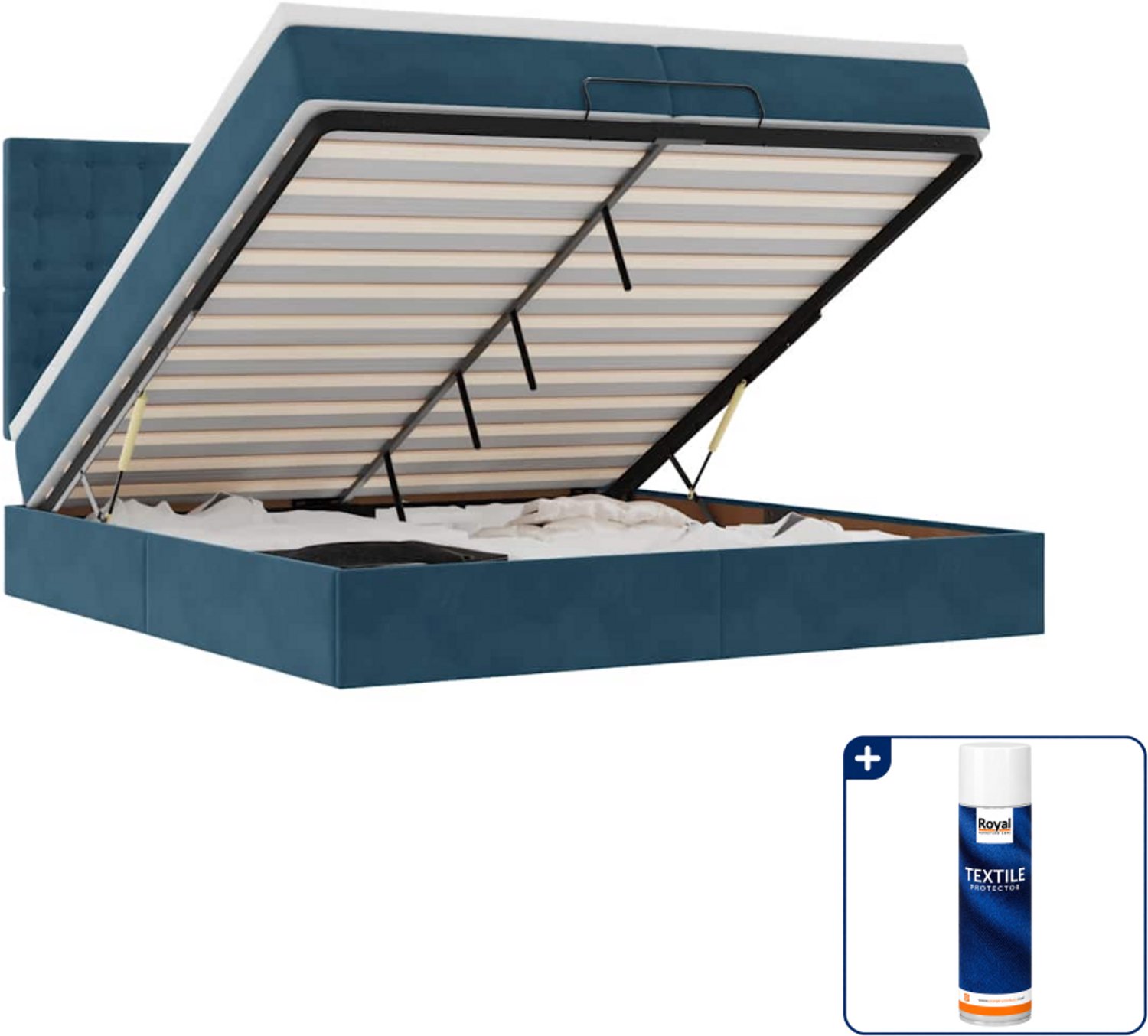 vidaXL Ottoman bed - 200 x 200 cm - Super kingsize - fluweel - donkerblauw - Inclusief textielbeschermer 500 ml
