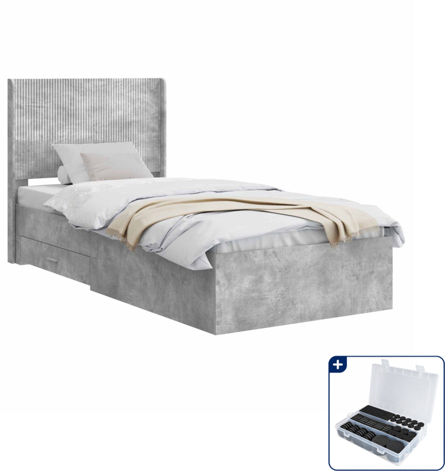 vidaXL bedframe met opbergruimte - 75 x 190 cm - bewerkt hout - betongrijs - Inclusief antikrasvilt 177-delig