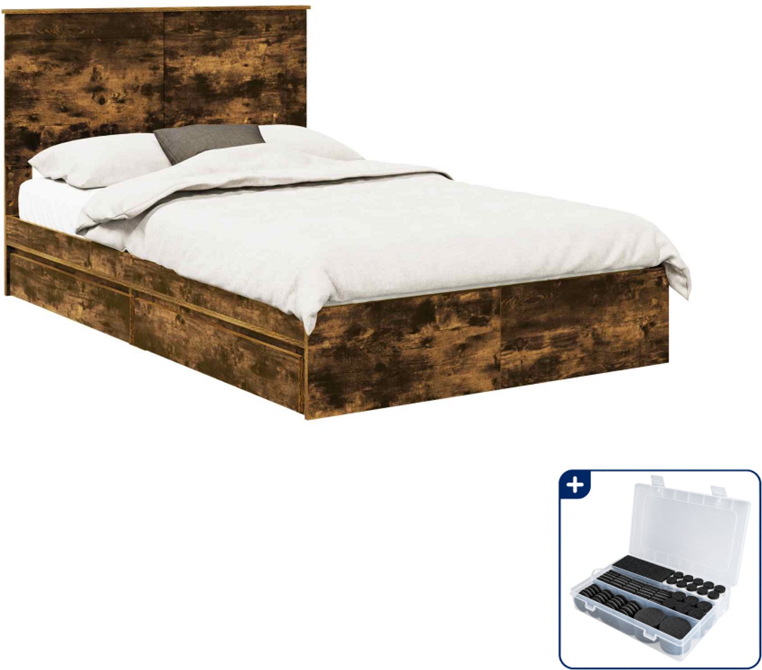 vidaXL bedframe - 135 x 190 cm - bewerkt hout - gerookt eiken - Inclusief antikrasvilt 177-delig Grijs