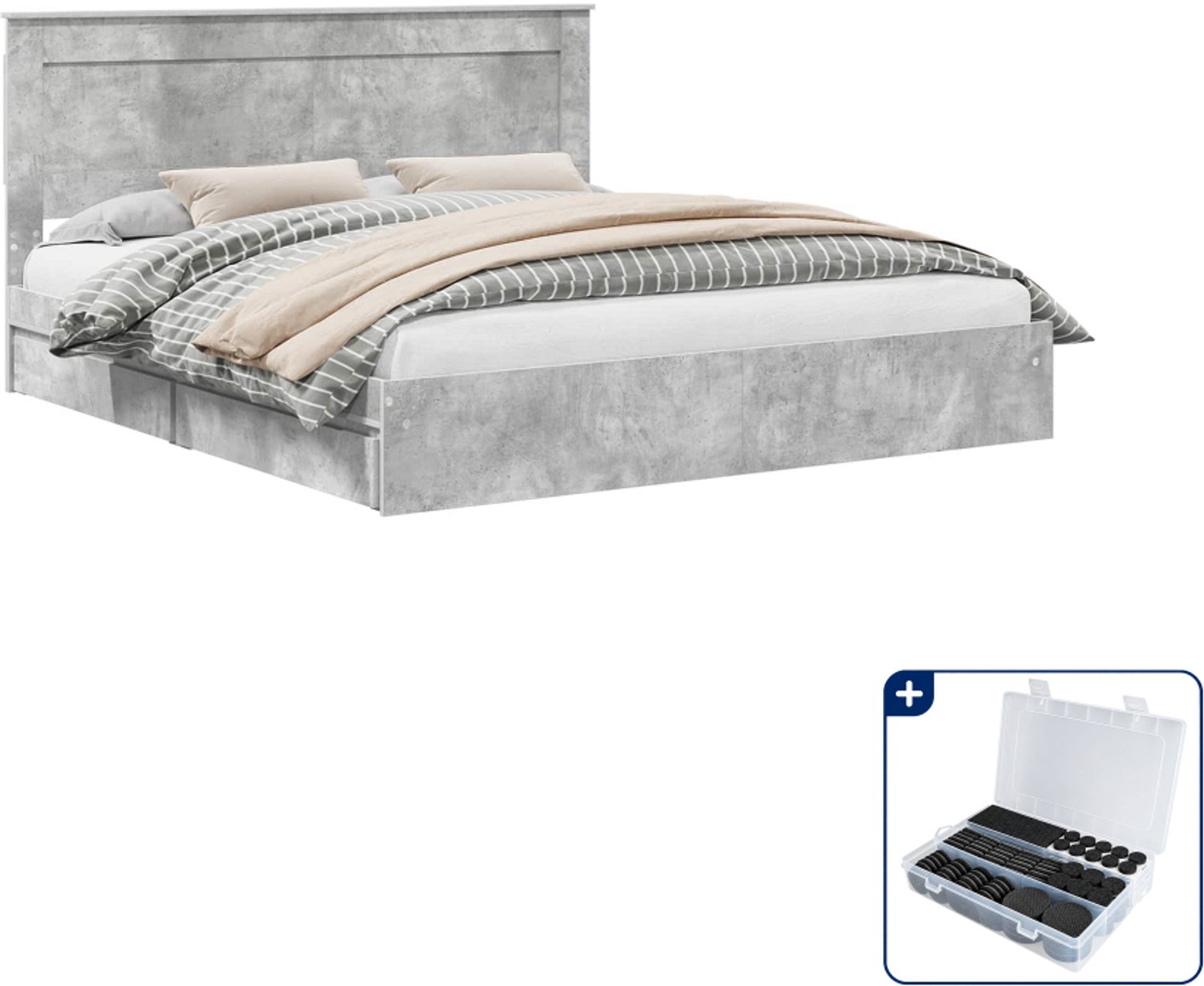 vidaXL Bed met lade - 200 x 200 cm - bewerkt hout - beton grijs - Inclusief antikrasvilt 177-delig
