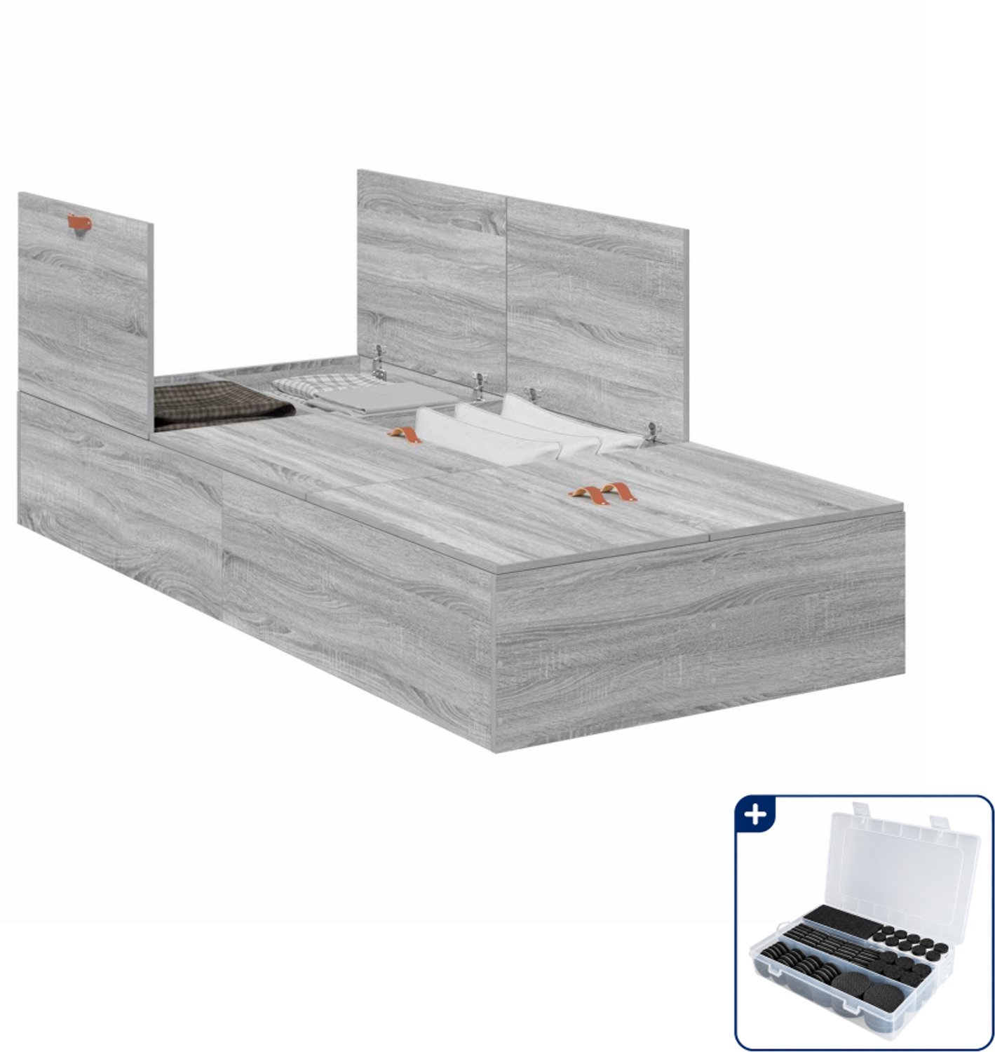 vidaXL opbergbedframe - 90 x 190 cm - grijs sonoma - Inclusief antikrasvilt 177-delig