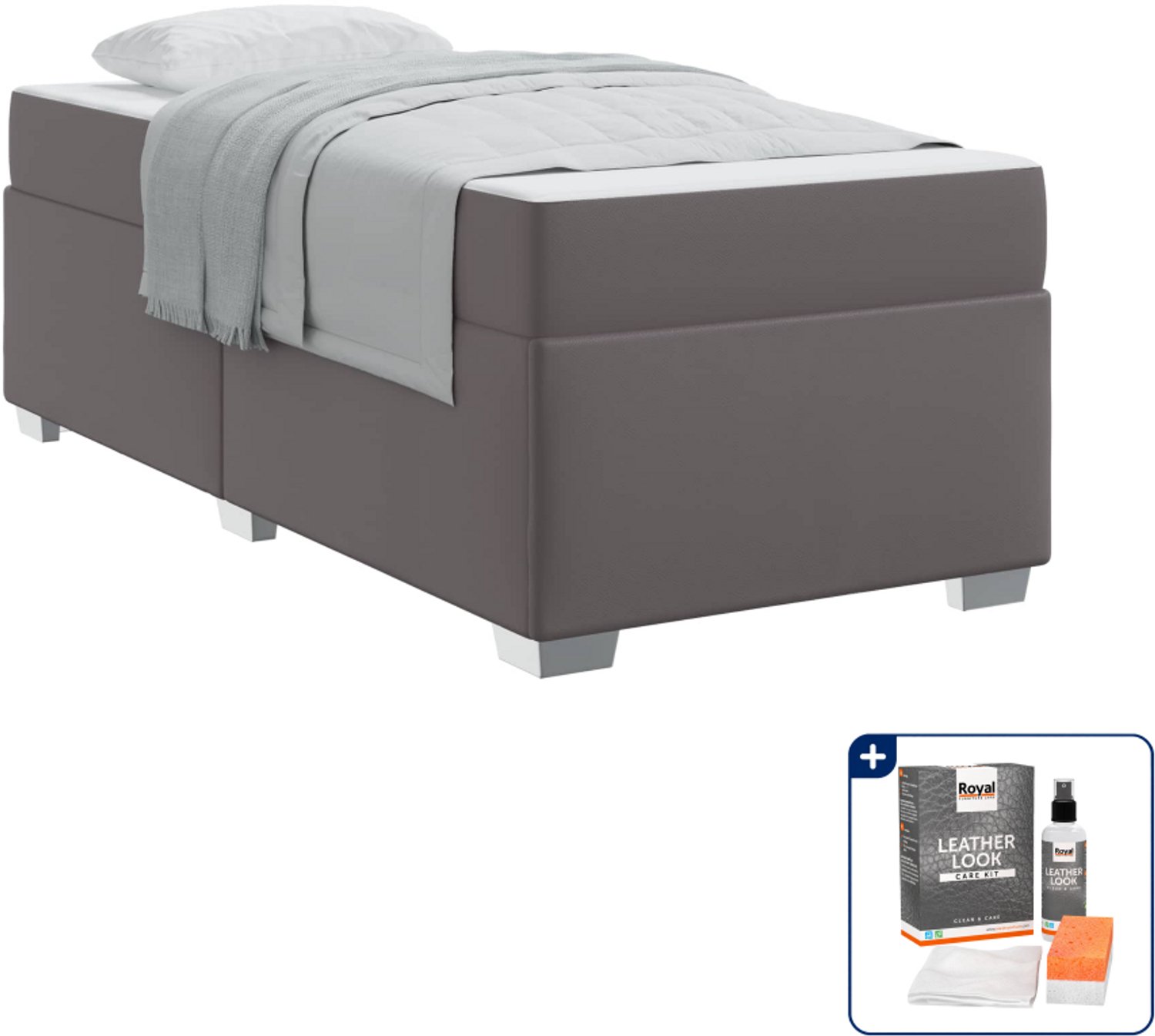 vidaXL Bedframe met matras 90 x 200 cm - grijs - Inclusief onderhoudsset voor kunstleer 150 ml