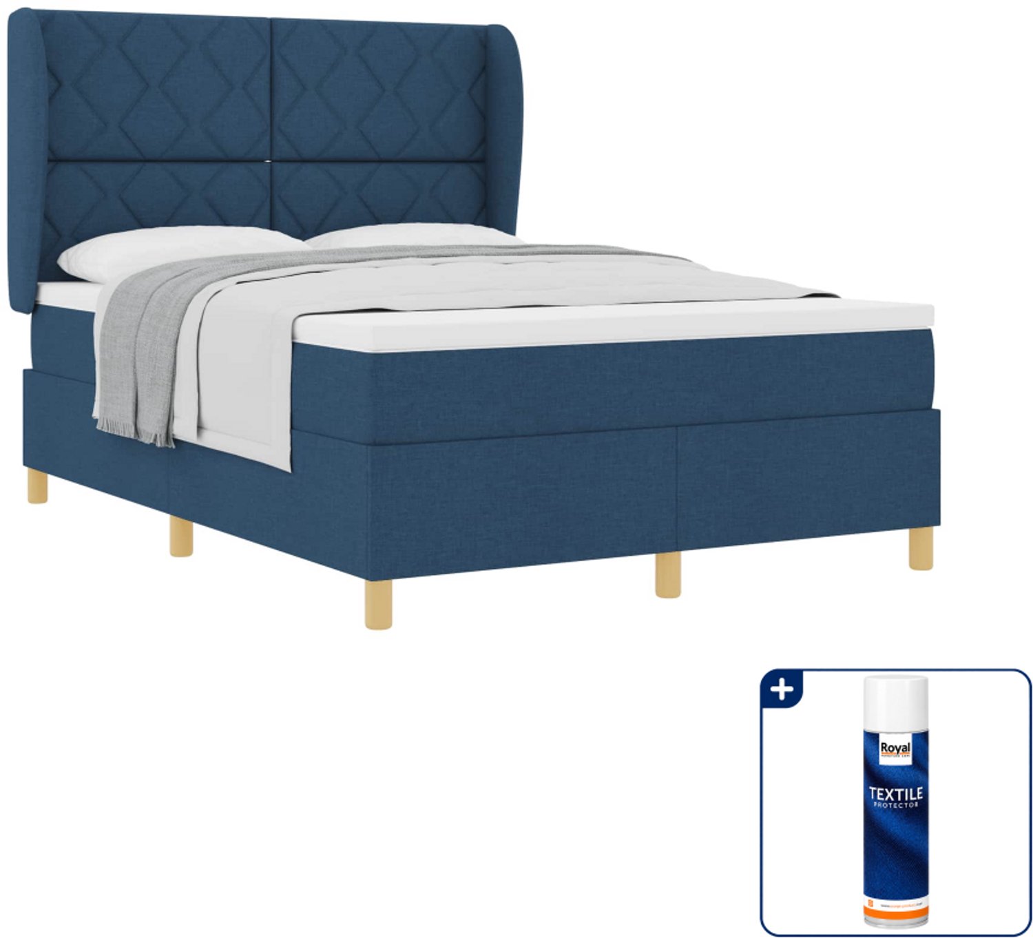 vidaXL Boxspringbed - 140 x 190 cm - blauw - Inclusief textielbeschermer 500 ml
