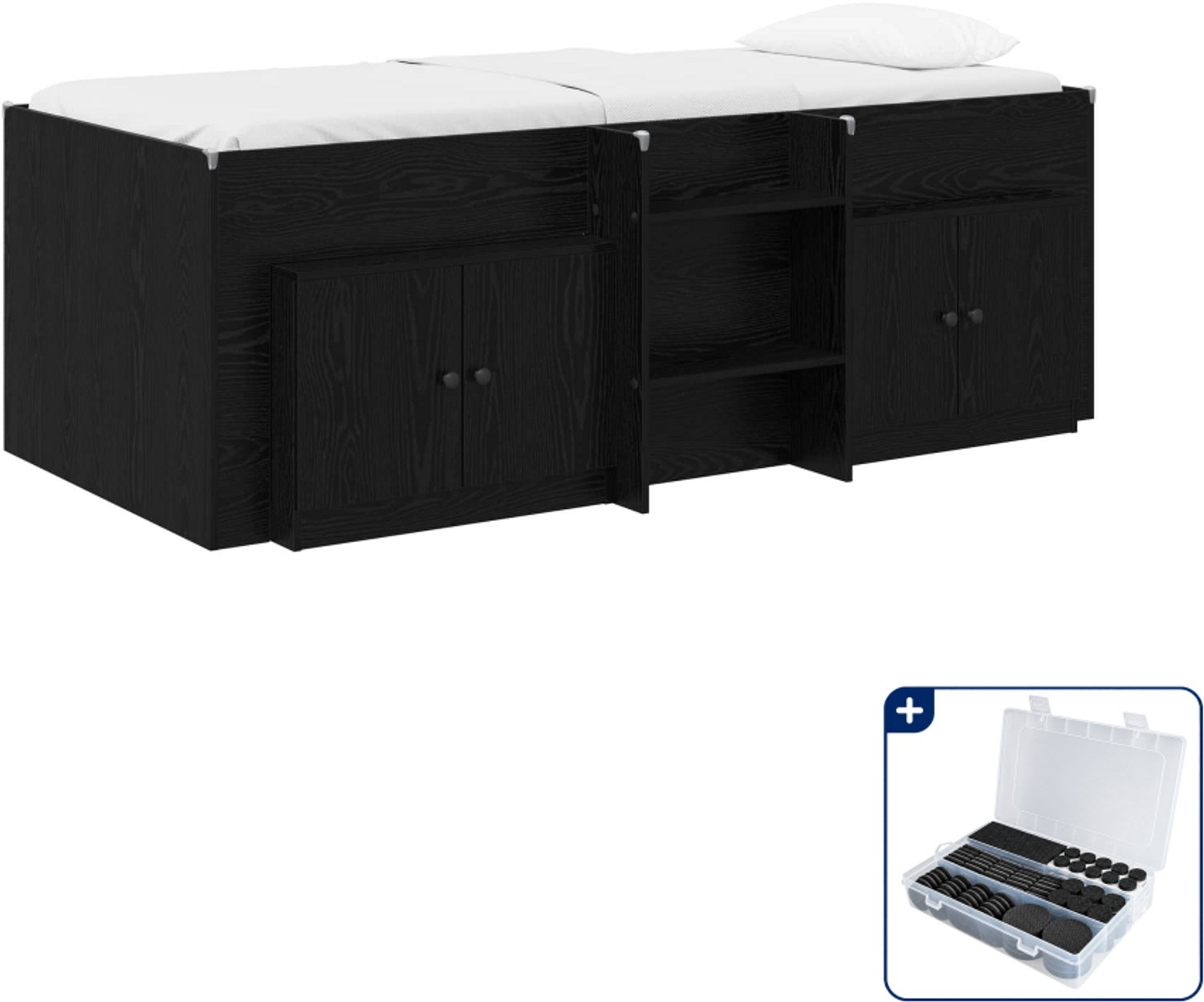 vidaXL hoogslaper met kast - 90 x 200 cm - bewerkt hout - zwart - Inclusief antikrasvilt 177-delig